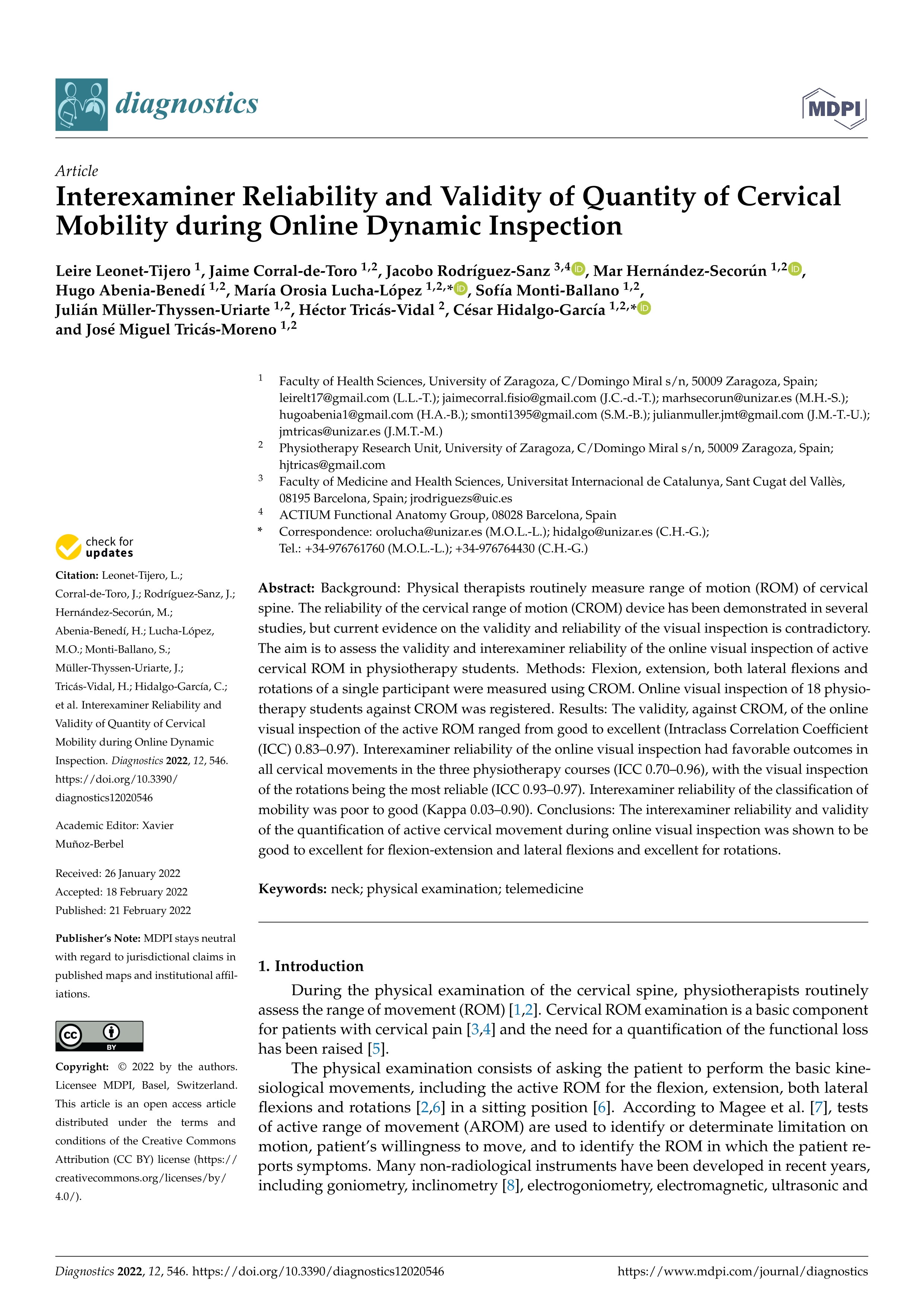 Interexaminer reliability and validity of quantity of cervical mobility during online dynamic inspection