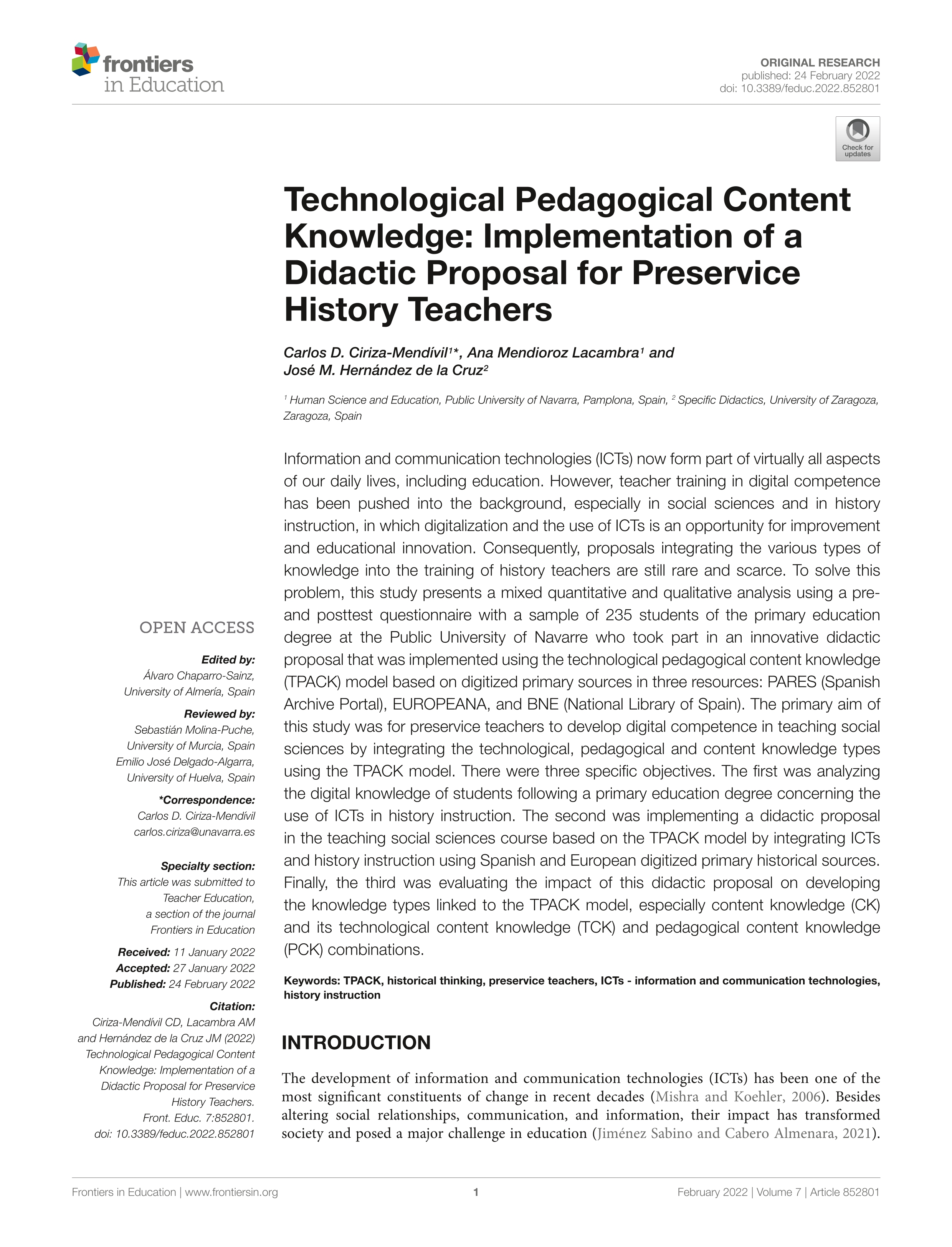 Technological Pedagogical Content Knowledge: Implementation of a Didactic Proposal for Preservice History Teachers