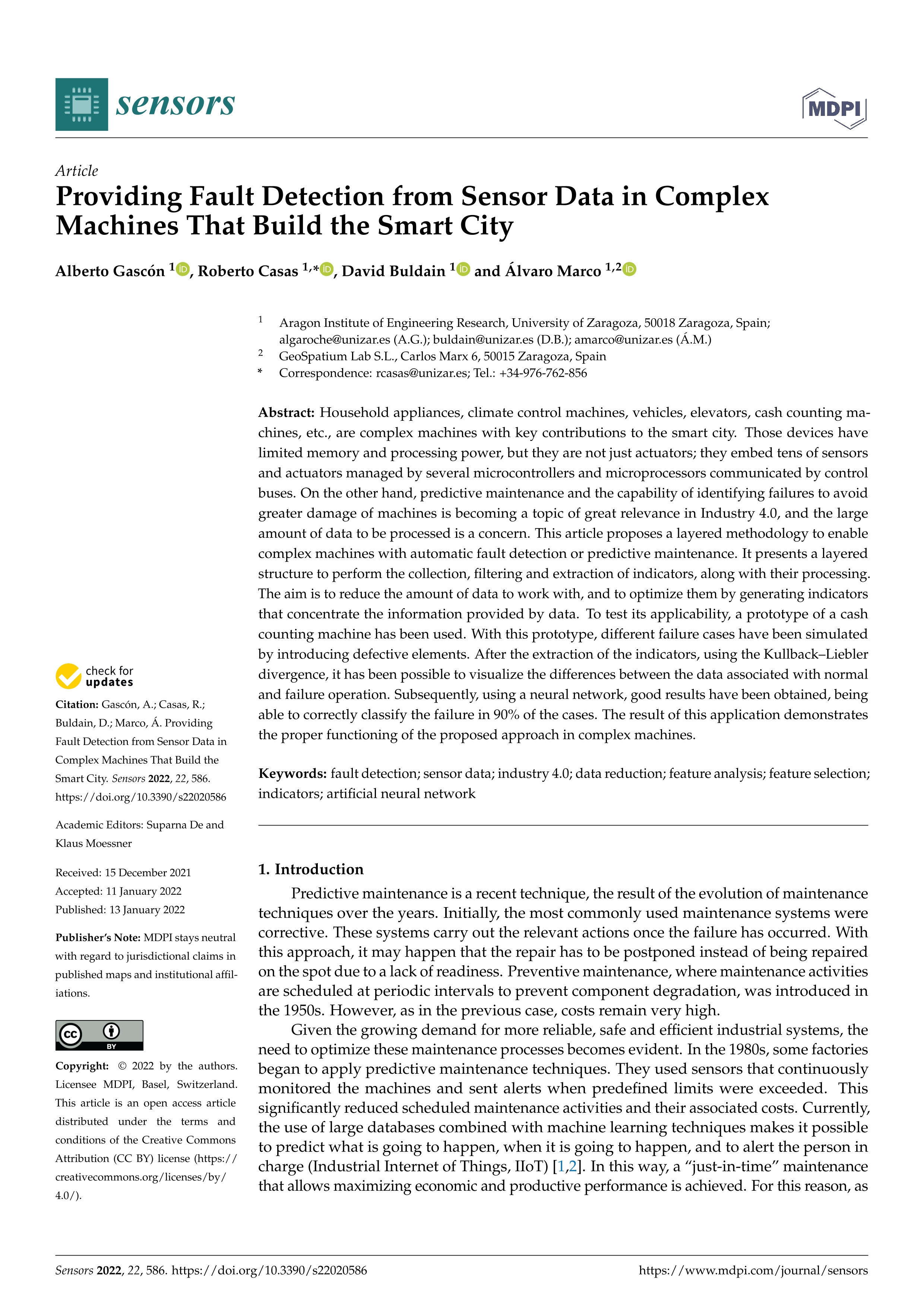 Providing Fault Detection from Sensor Data in Complex Machines That Build the Smart City