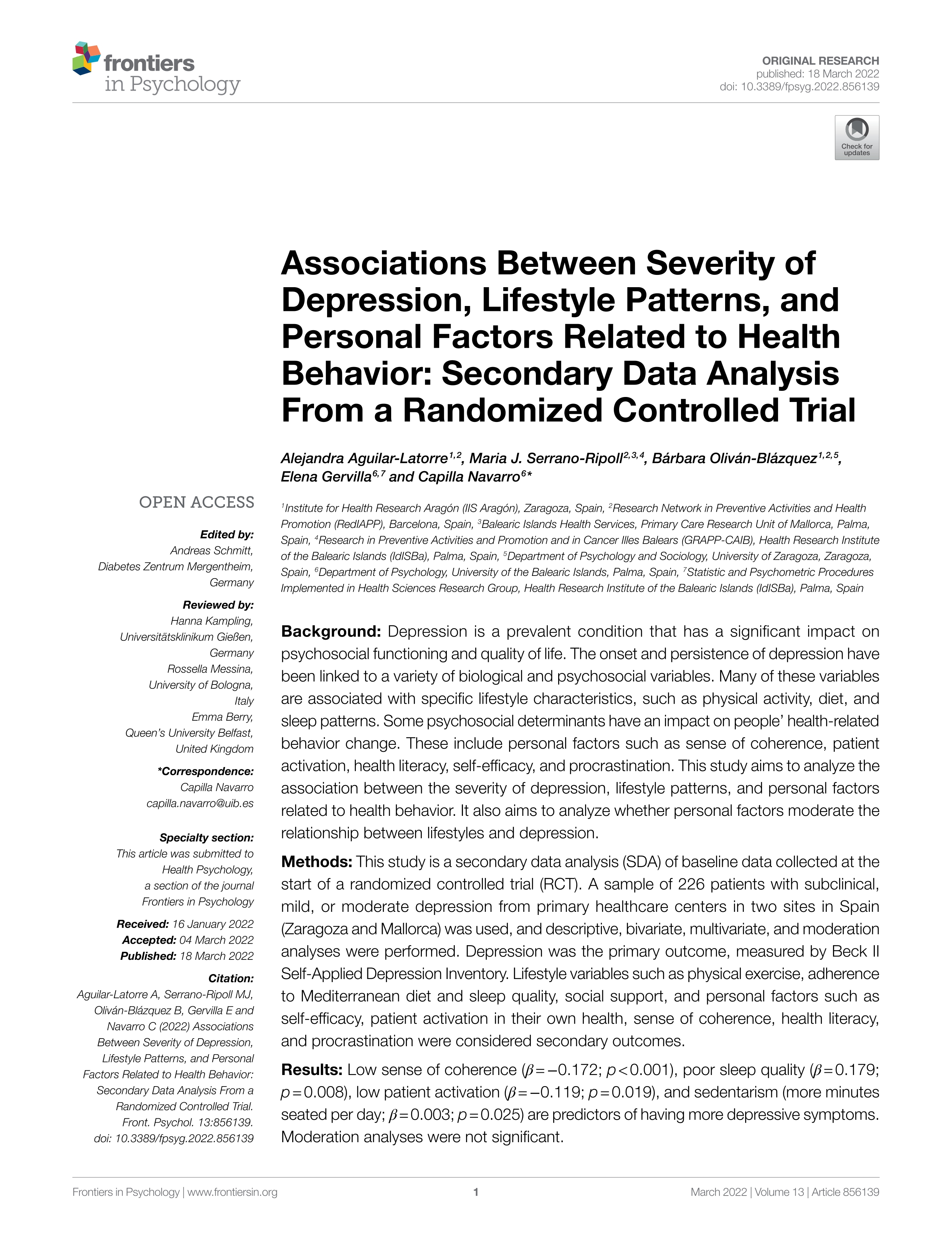 Associations Between Severity of Depression, Lifestyle Patterns, and Personal Factors Related to Health Behavior: Secondary Data Analysis From a Randomized Controlled Trial