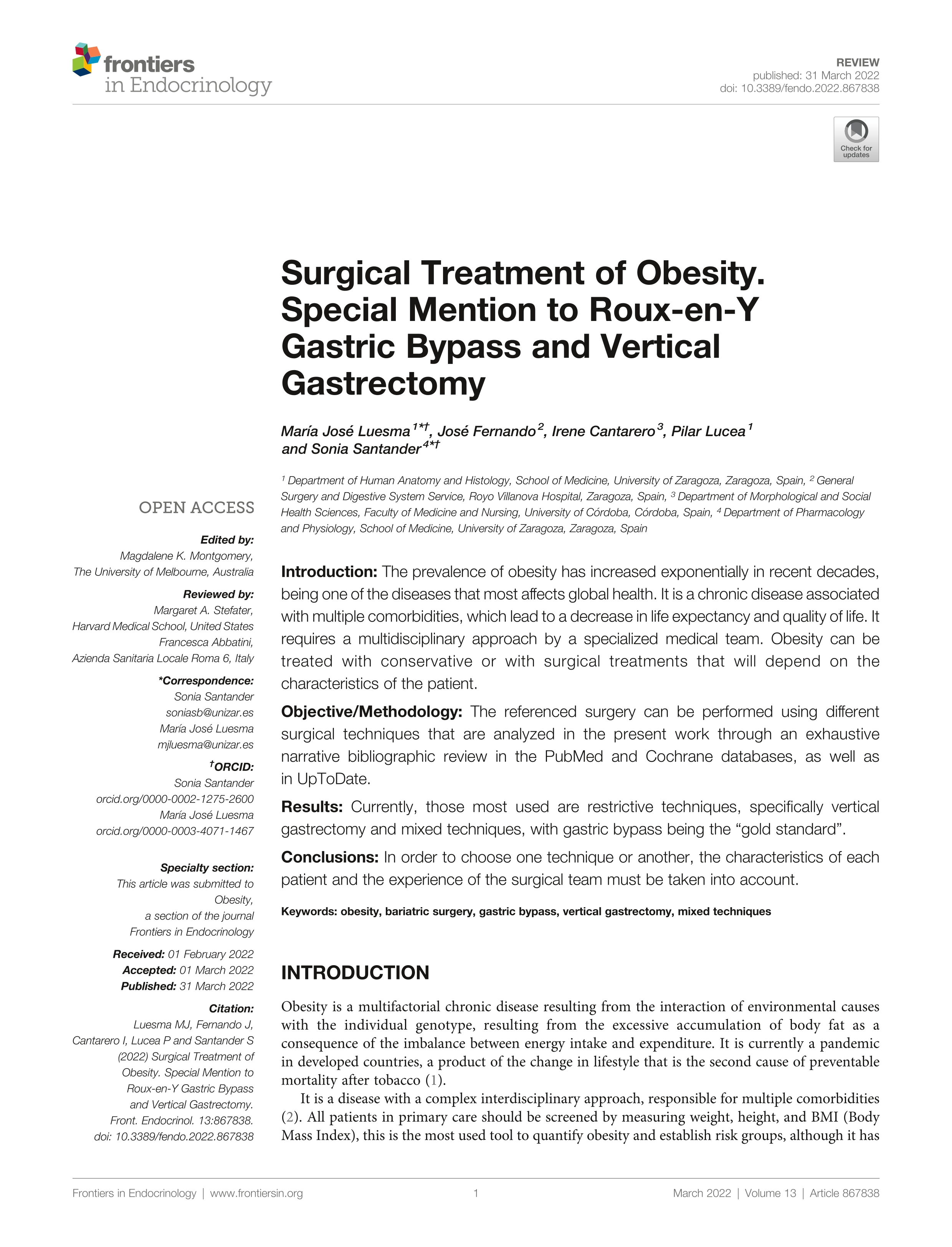 Surgical Treatment of Obesity. Special Mention to Roux-en-Y Gastric Bypass and Vertical Gastrectomy