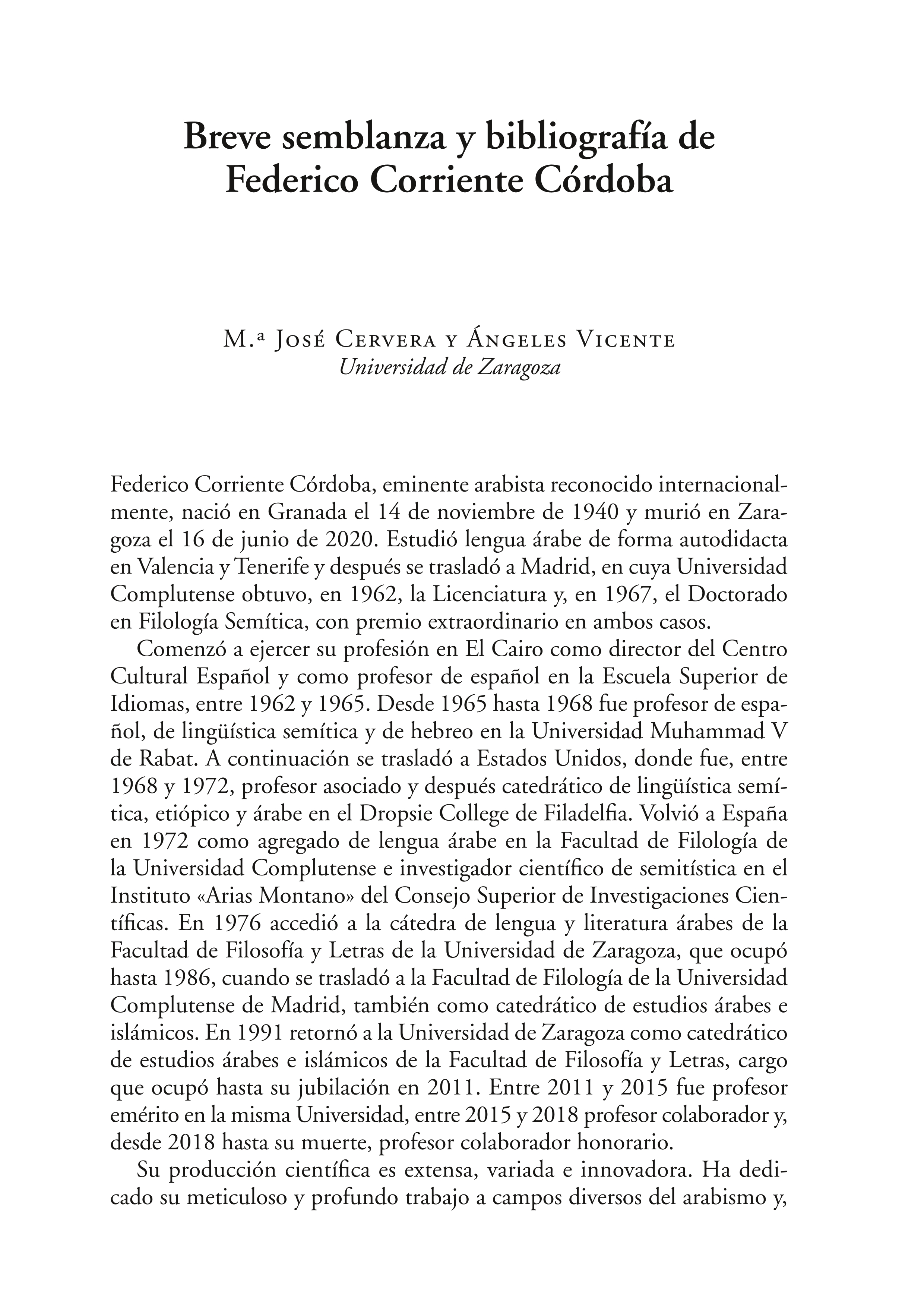Breve semblanza y bibliografía de Federico Corriente Córdoba
