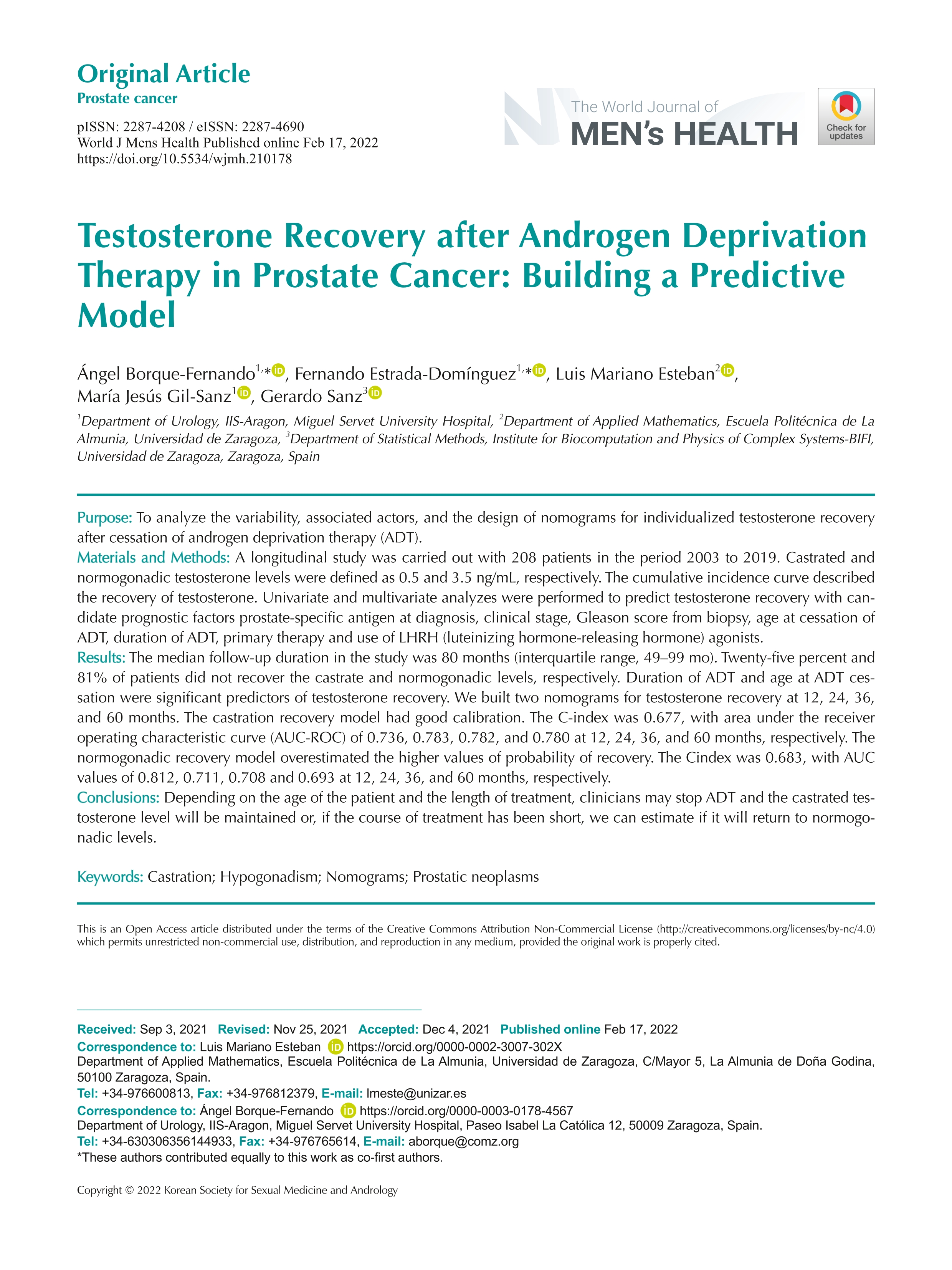 Testosterone recovery after androgen deprivation therapy in prostate cancer: building a predictive model