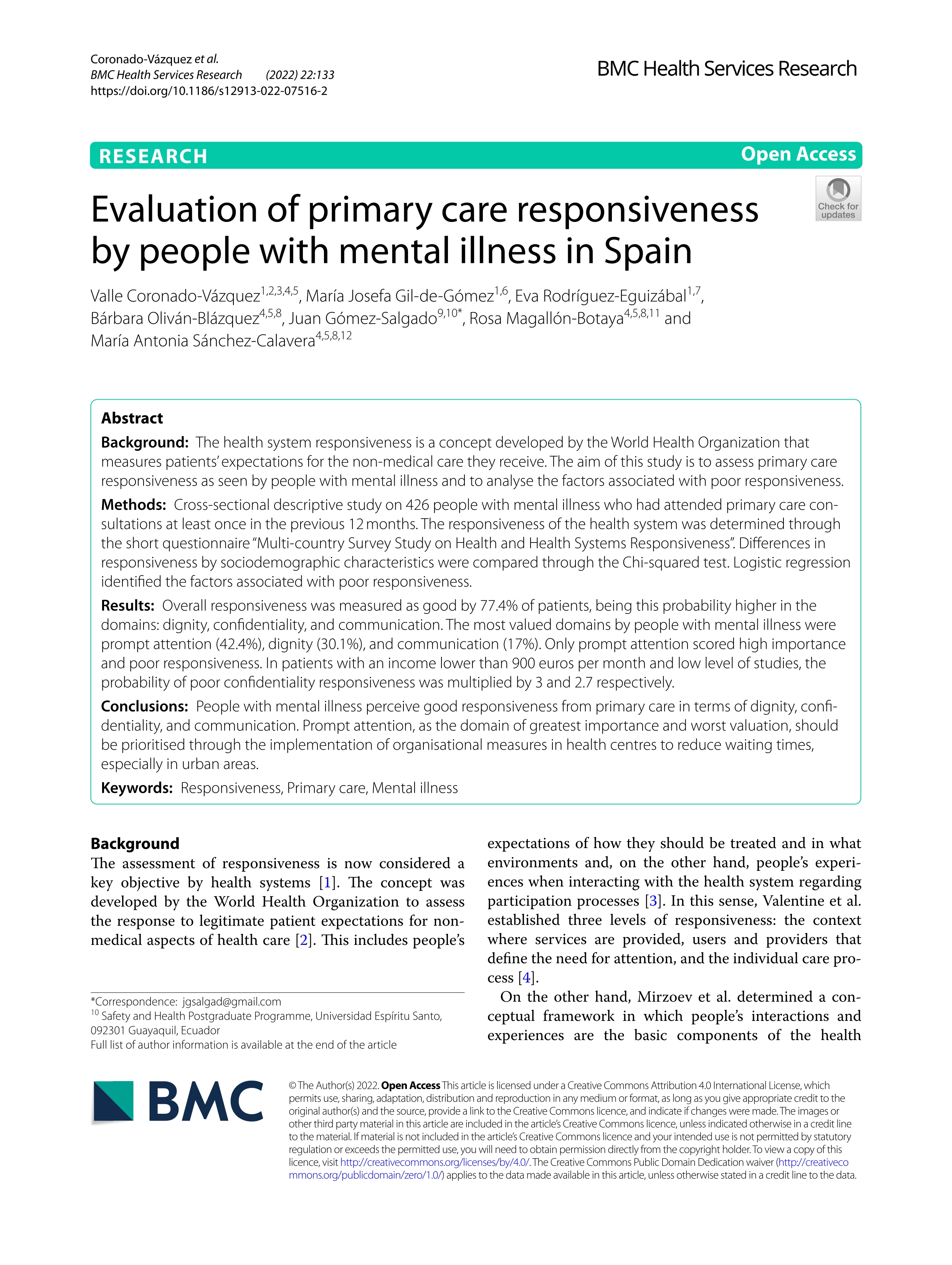 Evaluation of primary care responsiveness by people with mental illness in Spain