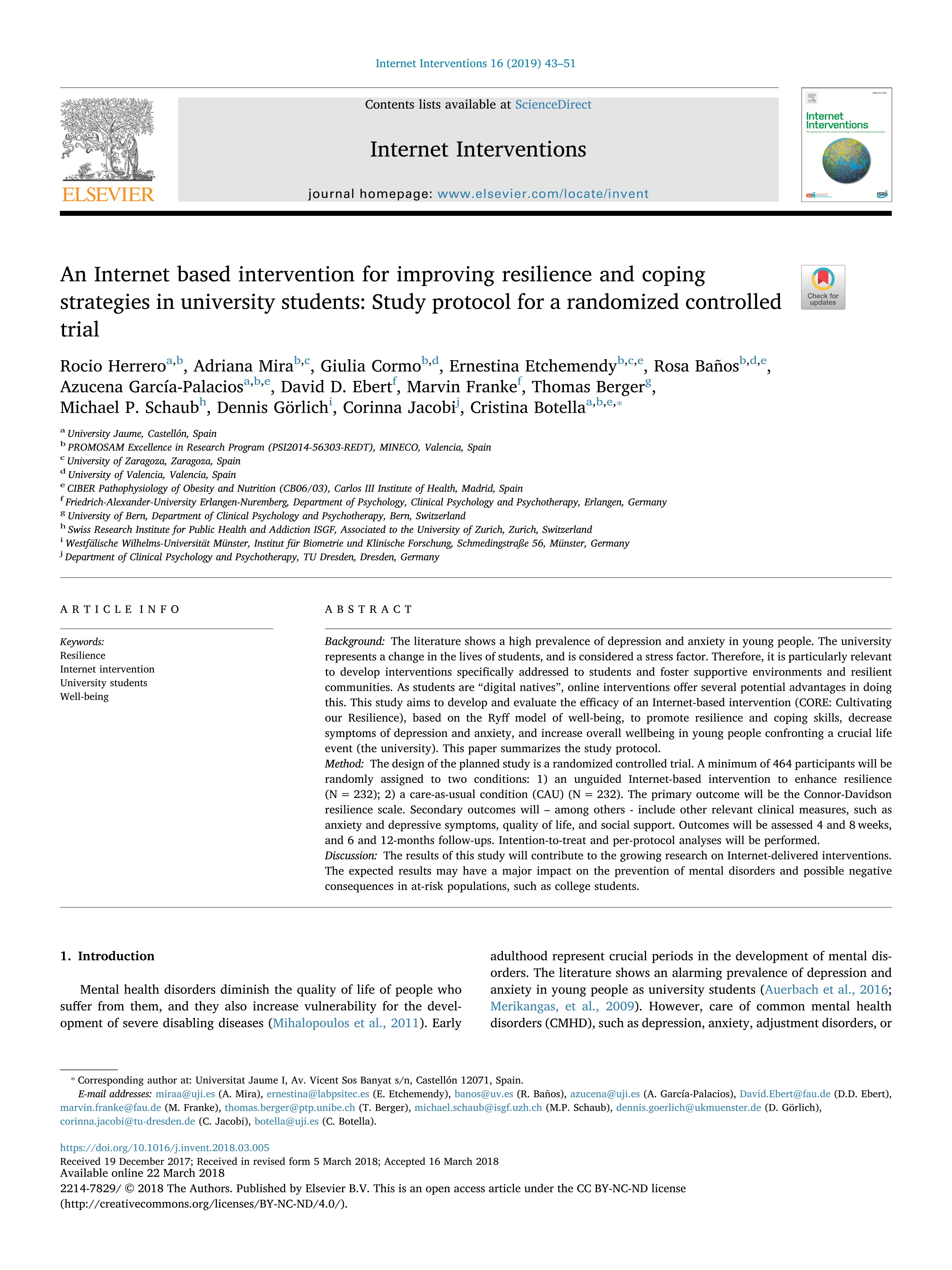 An Internet based intervention for improving resilience and coping strategies in university students: Study protocol for a randomized controlled trial