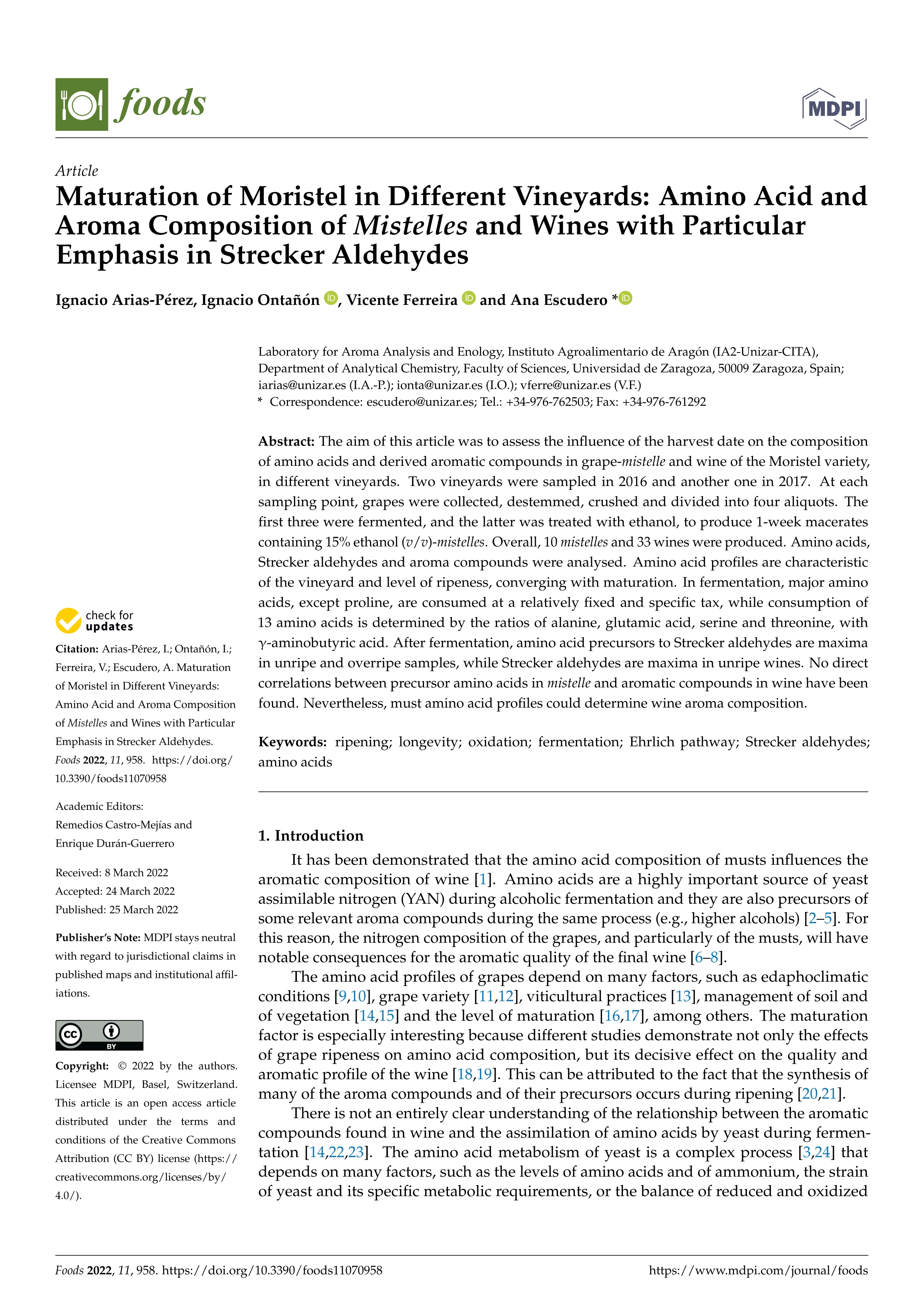 Maturation of Moristel in Different Vineyards: Amino Acid and Aroma Composition of Mistelles and Wines with Particular Emphasis in Strecker Aldehydes