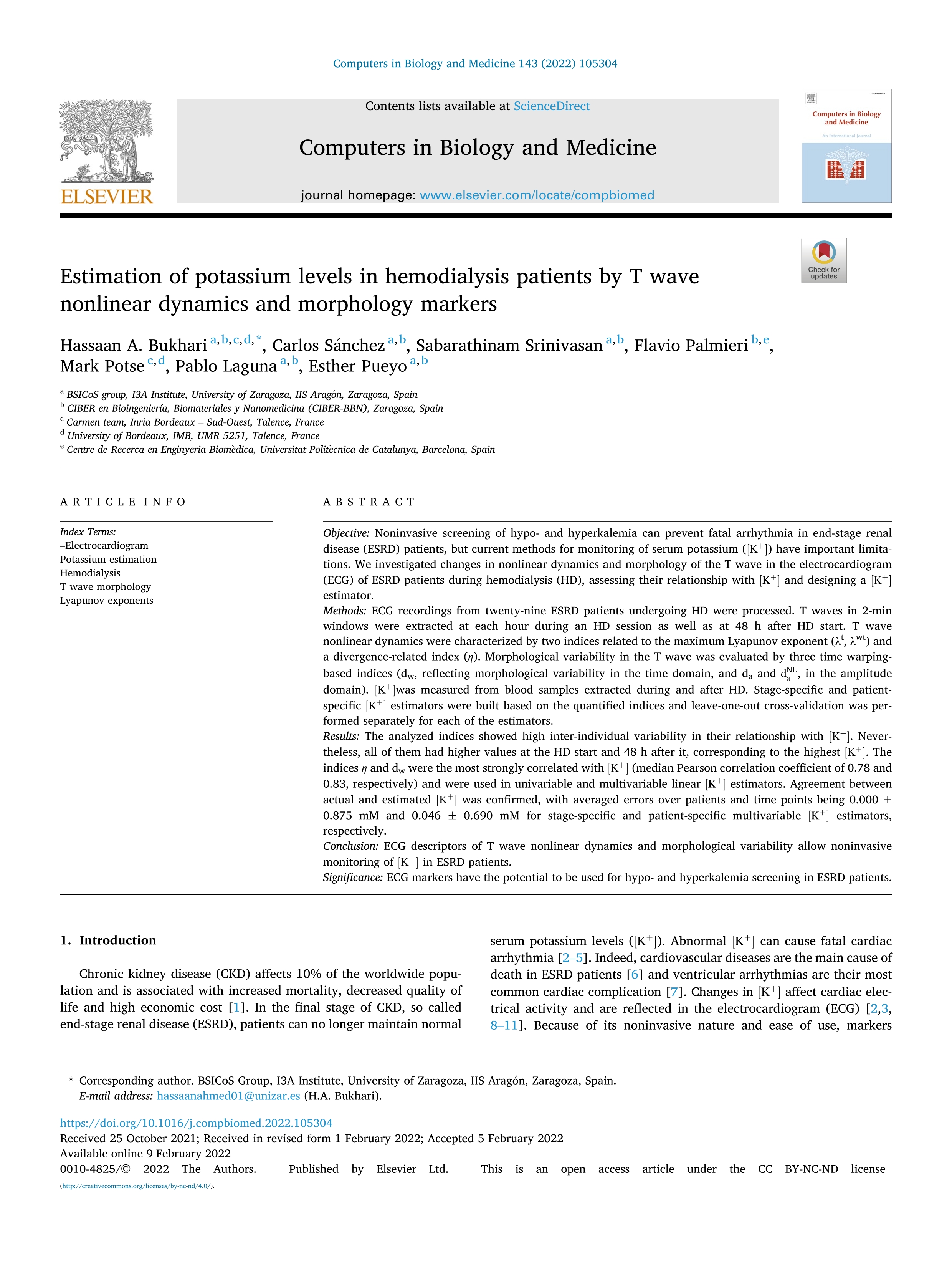 Estimation of potassium levels in hemodialysis patients by T wave nonlinear dynamics and morphology markers