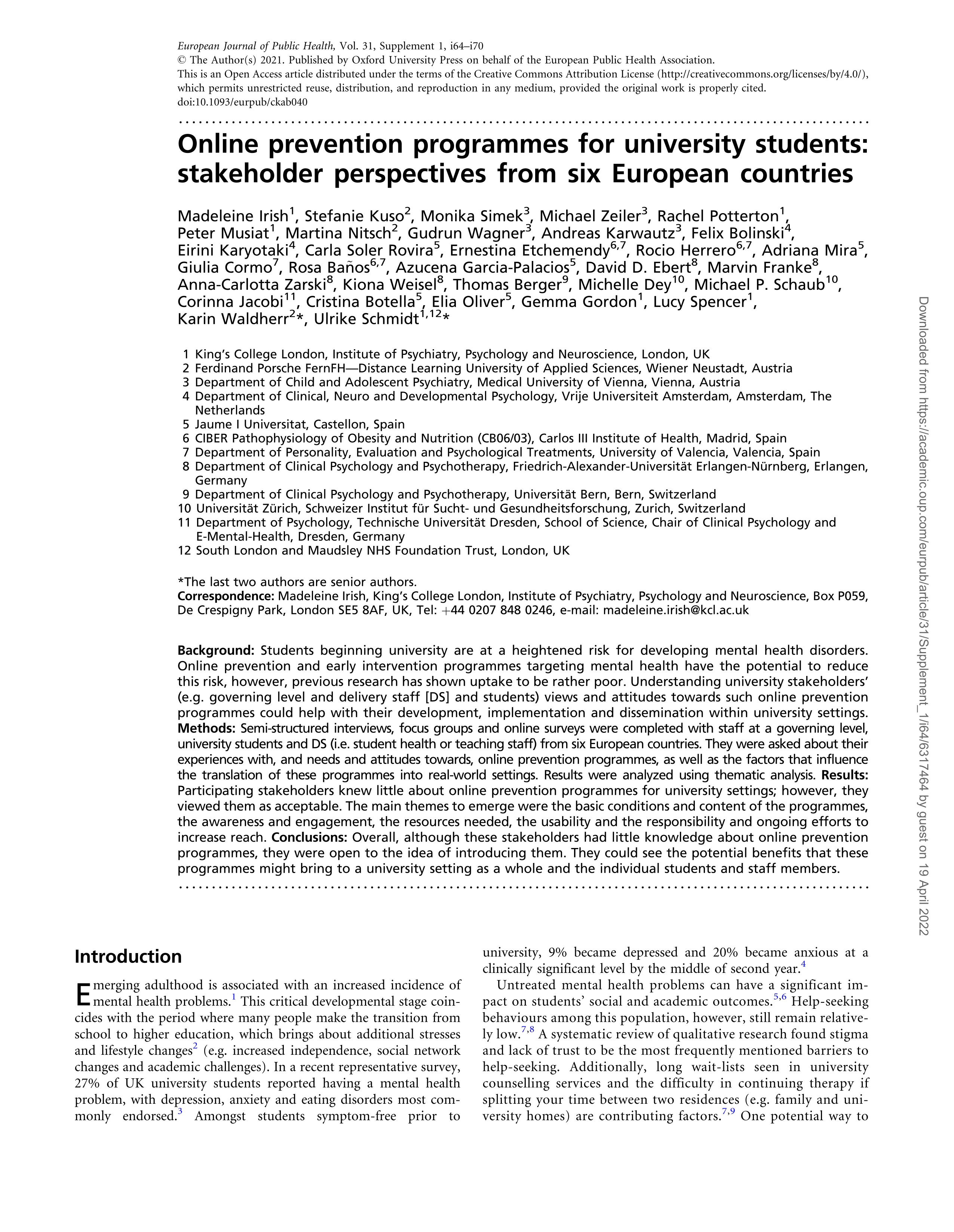 Online prevention programmes for university students: stakeholder perspectives from six European countries