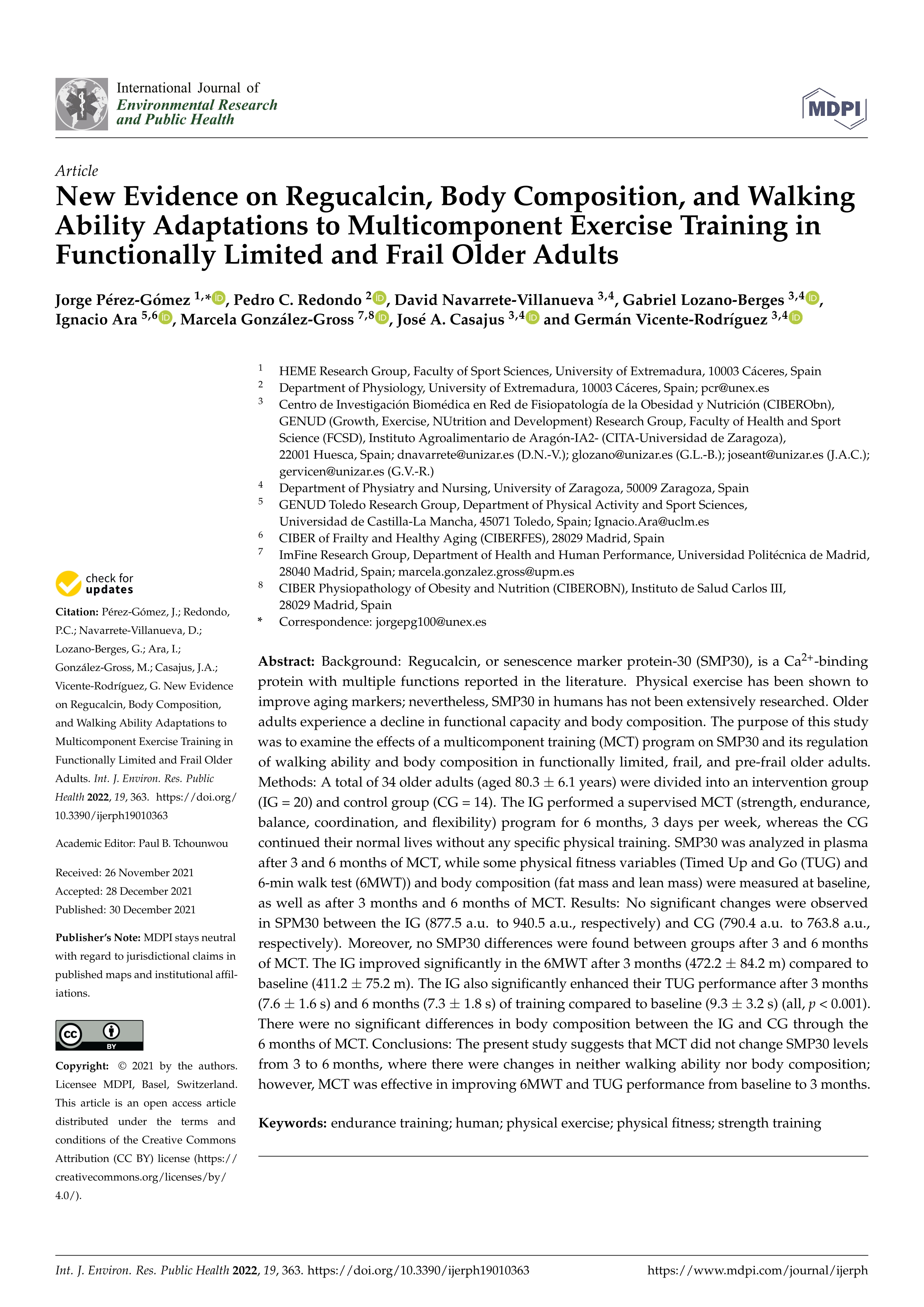 New Evidence on Regucalcin, Body Composition, and Walking Ability Adaptations to Multicomponent Exercise Training in Functionally Limited and Frail Older Adults