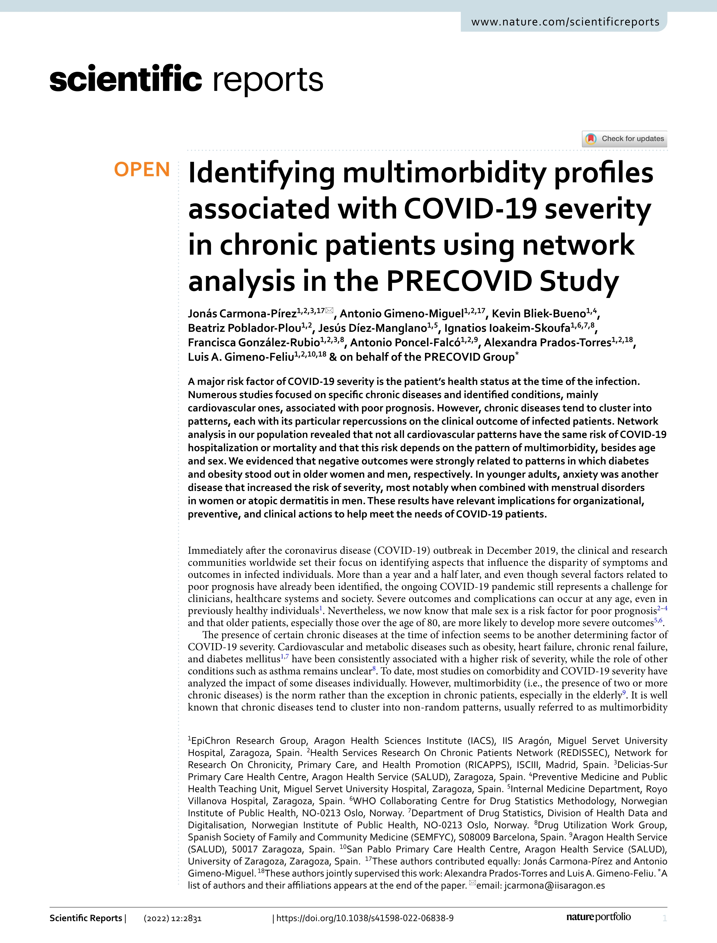Identifying multimorbidity profiles associated with COVID-19 severity in chronic patients using network analysis in the PRECOVID Study; 35181720