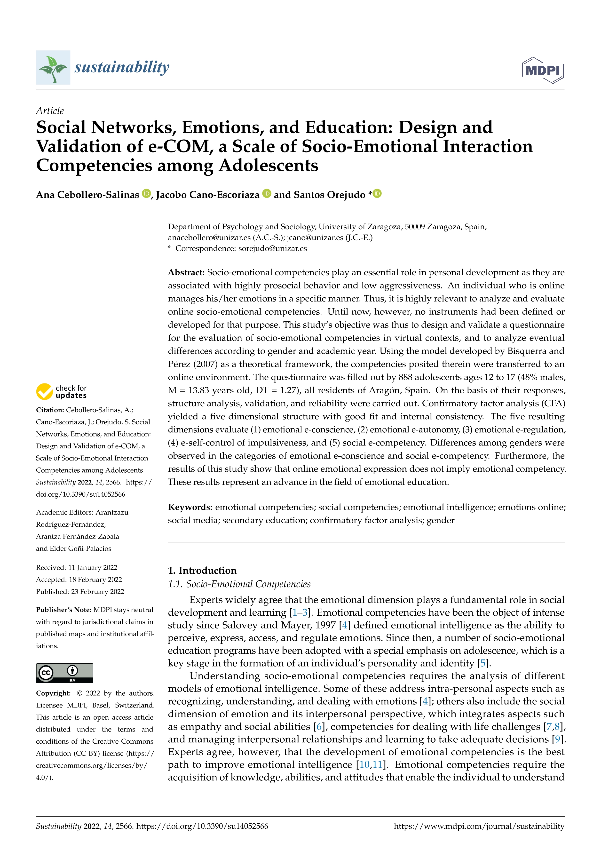 Social Networks, Emotions, and Education: Design and Validation of e-COM, a Scale of Socio-Emotional Interaction Competencies among Adolescents