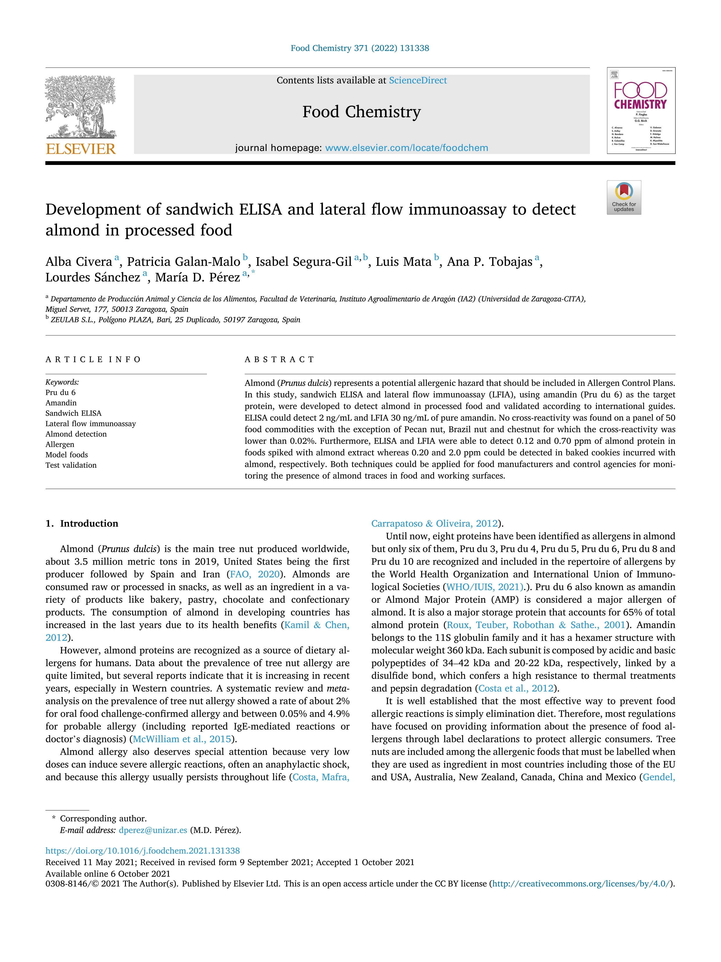 Development of sandwich ELISA and lateral flow immunoassay to detect almond in processed food