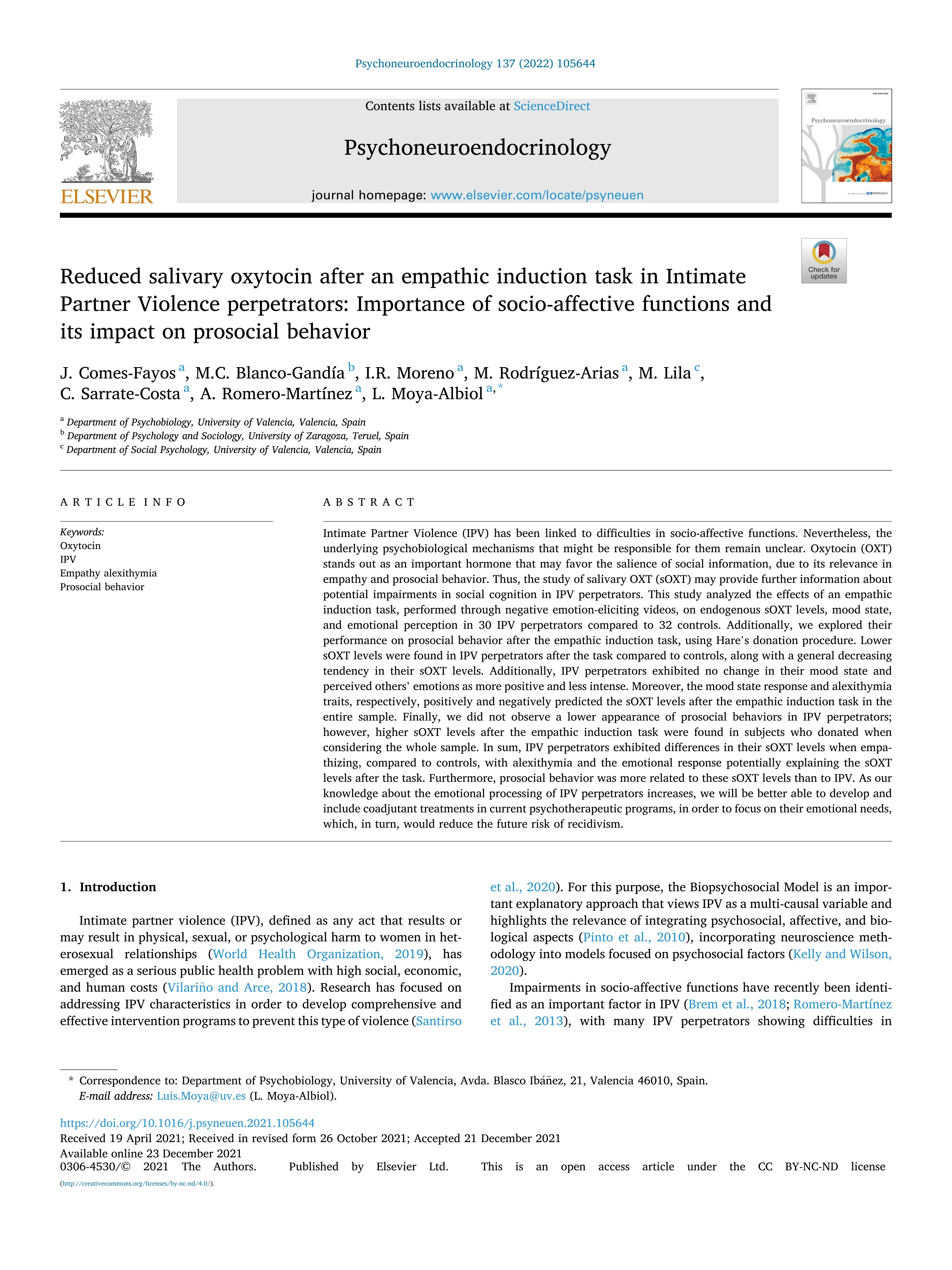 Reduced salivary oxytocin after an empathic induction task in Intimate Partner Violence perpetrators: Importance of socio-affective functions and its impact on prosocial behavior