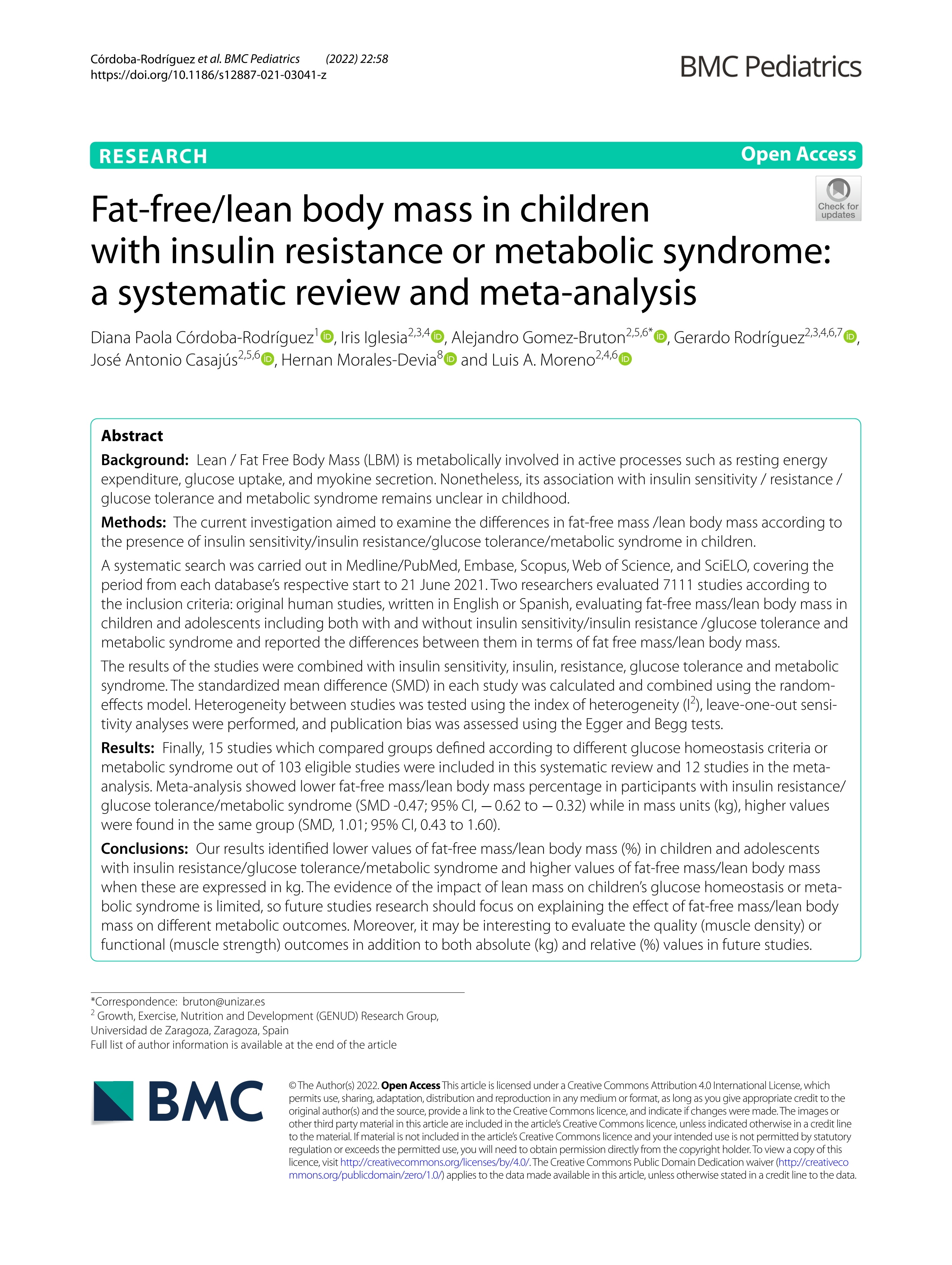 Fat-free/lean body mass in children with insulin resistance or metabolic syndrome: a systematic review and meta-analysis