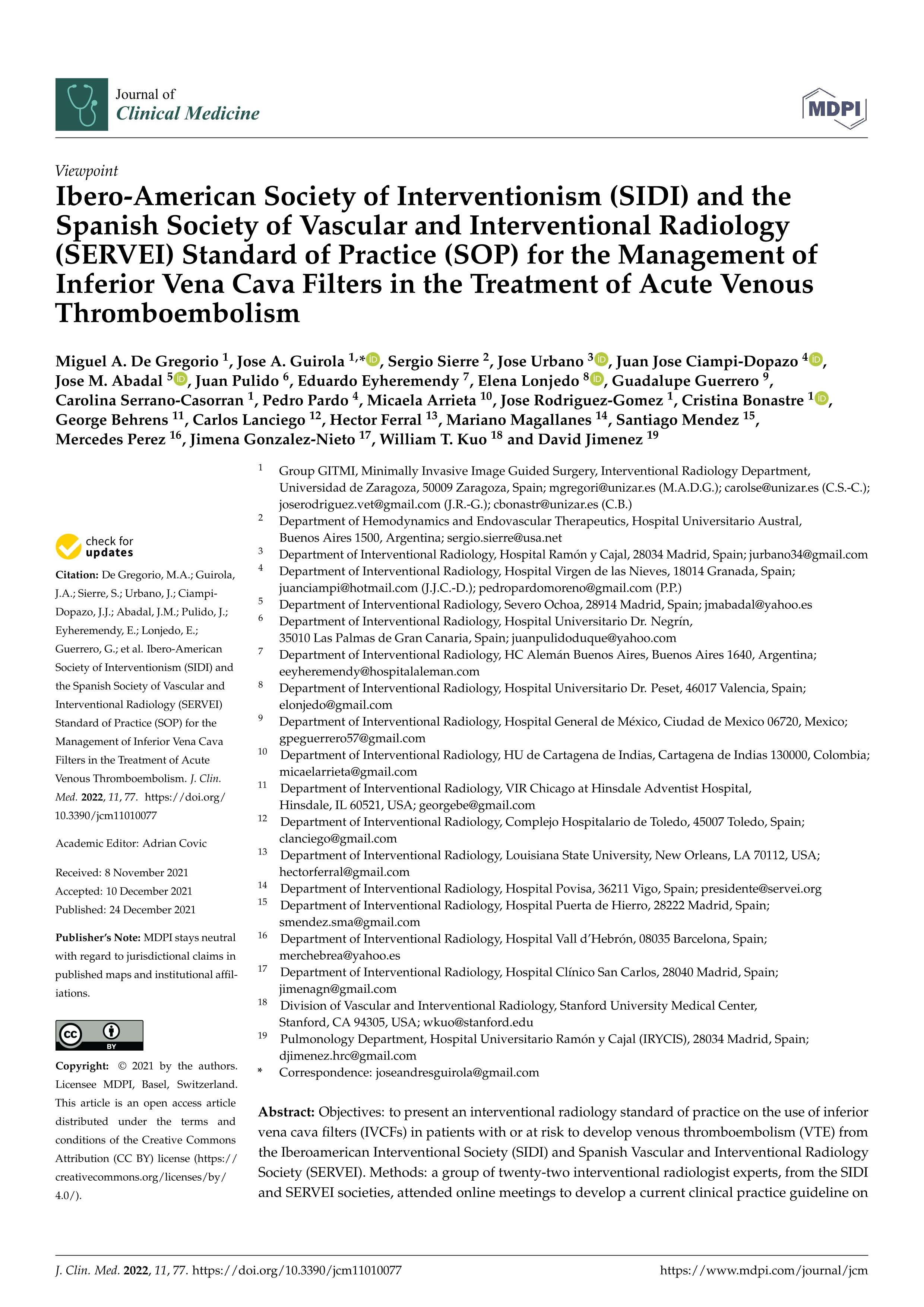 Ibero-American Society of Interventionism (SIDI) and the Spanish Society of Vascular and Interventional Radiology (SERVEI) Standard of Practice (SOP) for the management of inferior Vena Cava filters in the treatment of acute venous Thromboembolism