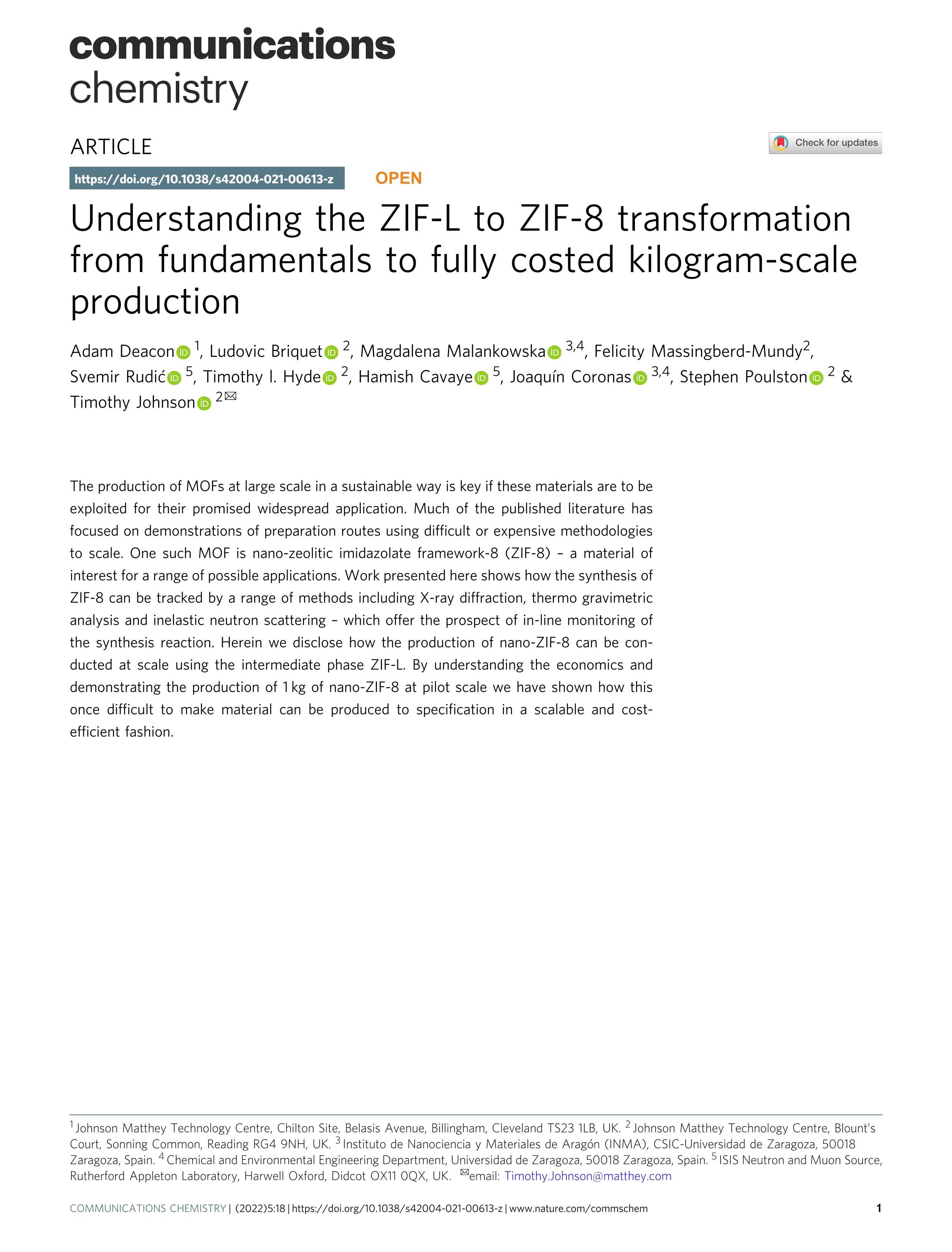 Understanding the ZIF-L to ZIF-8 transformation from fundamentals to fully costed kilogram-scale production