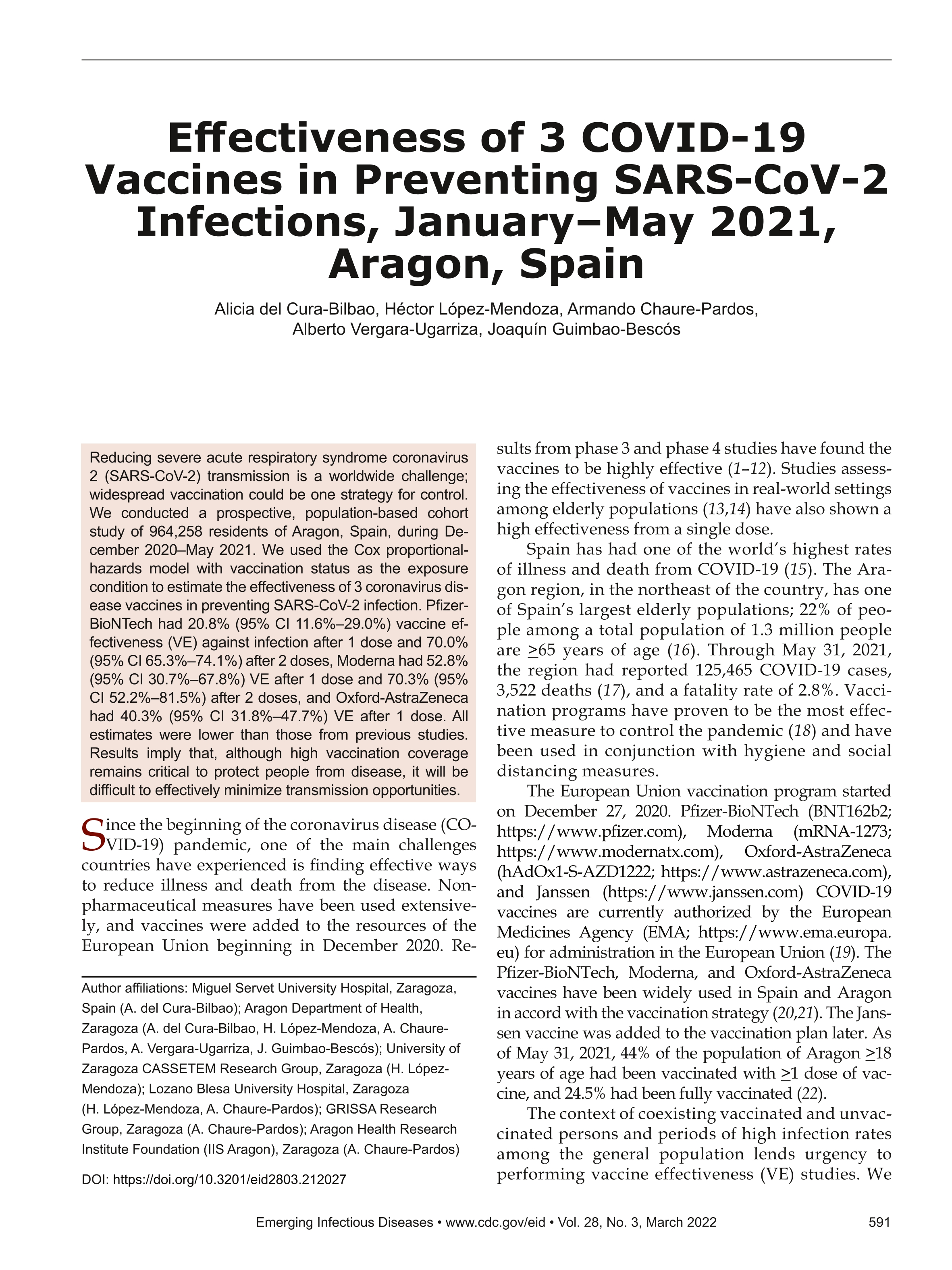 Effectiveness of 3 COVID-19 vaccines in preventing SARS-CoV-2 infections, January–May 2021, Aragon, Spain