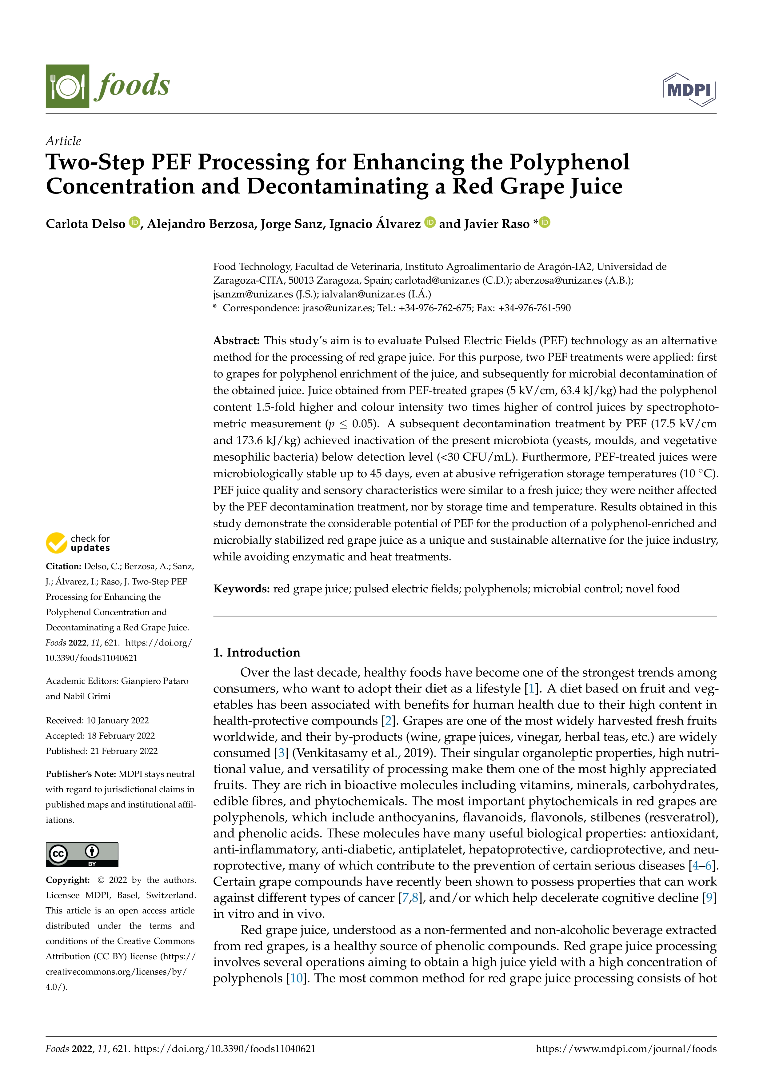 Two-step PEF processing for enhancing the polyphenol concentration and decontaminating a red grape juice