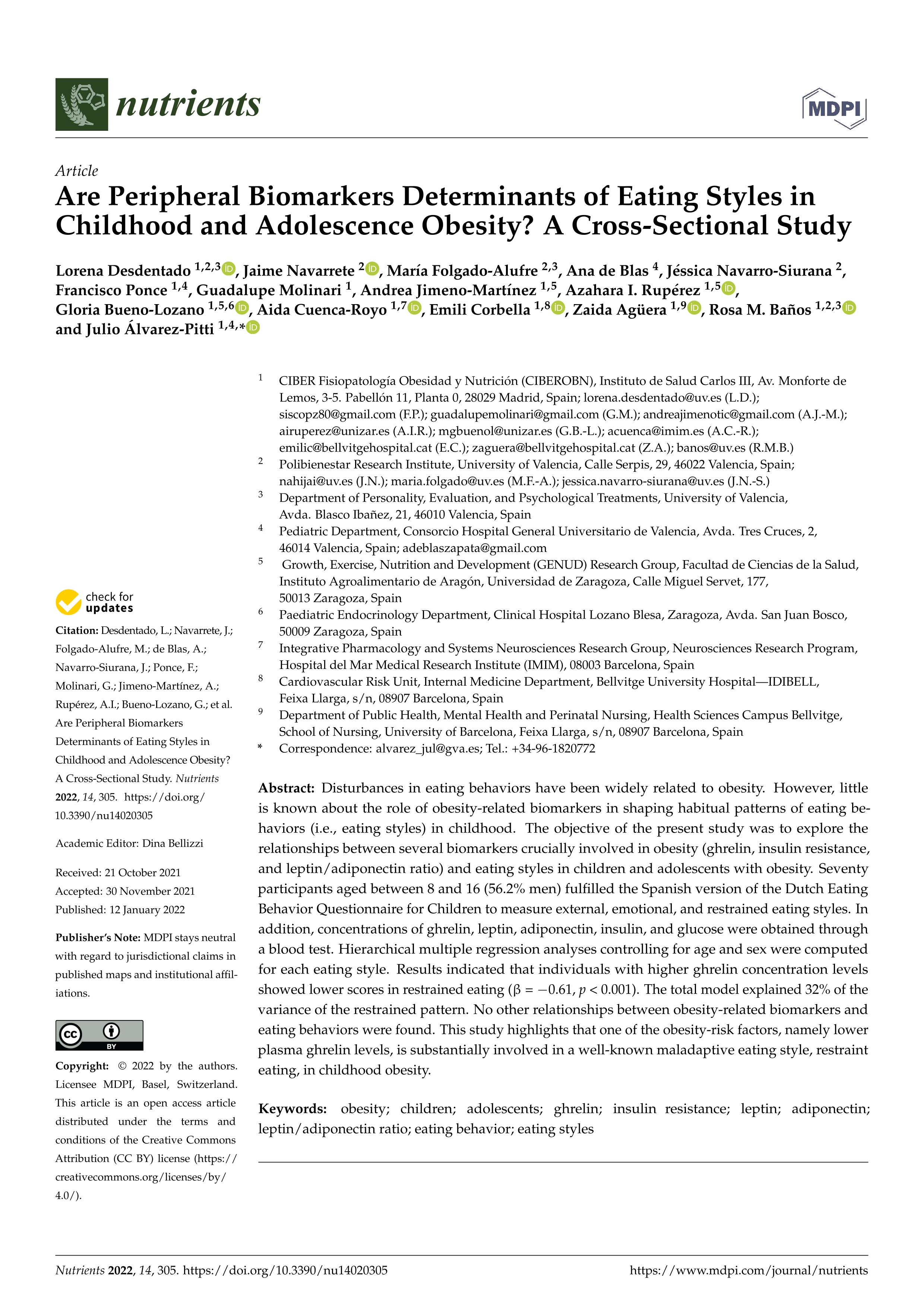 Are peripheral biomarkers determinants of eating styles in childhood and adolescence obesity? A cross-sectional study