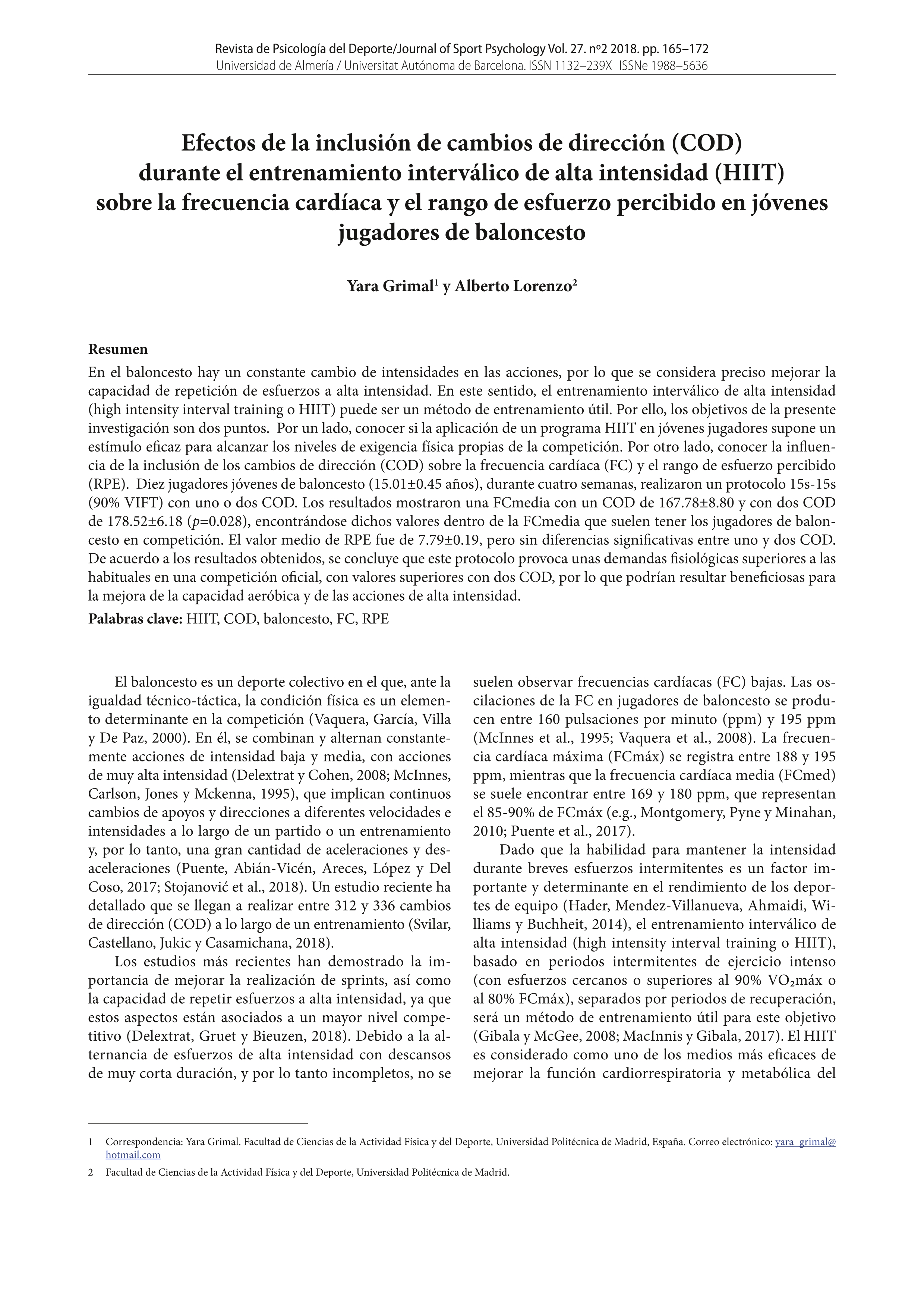 Efectos de la inclusión de cambios de dirección (COD)   durante el entrenamiento interválico de alta intensidad (HIIT)   sobre la frecuencia cardíaca y el rango de esfuerzo percibido en jóvenes  jugadores de baloncesto