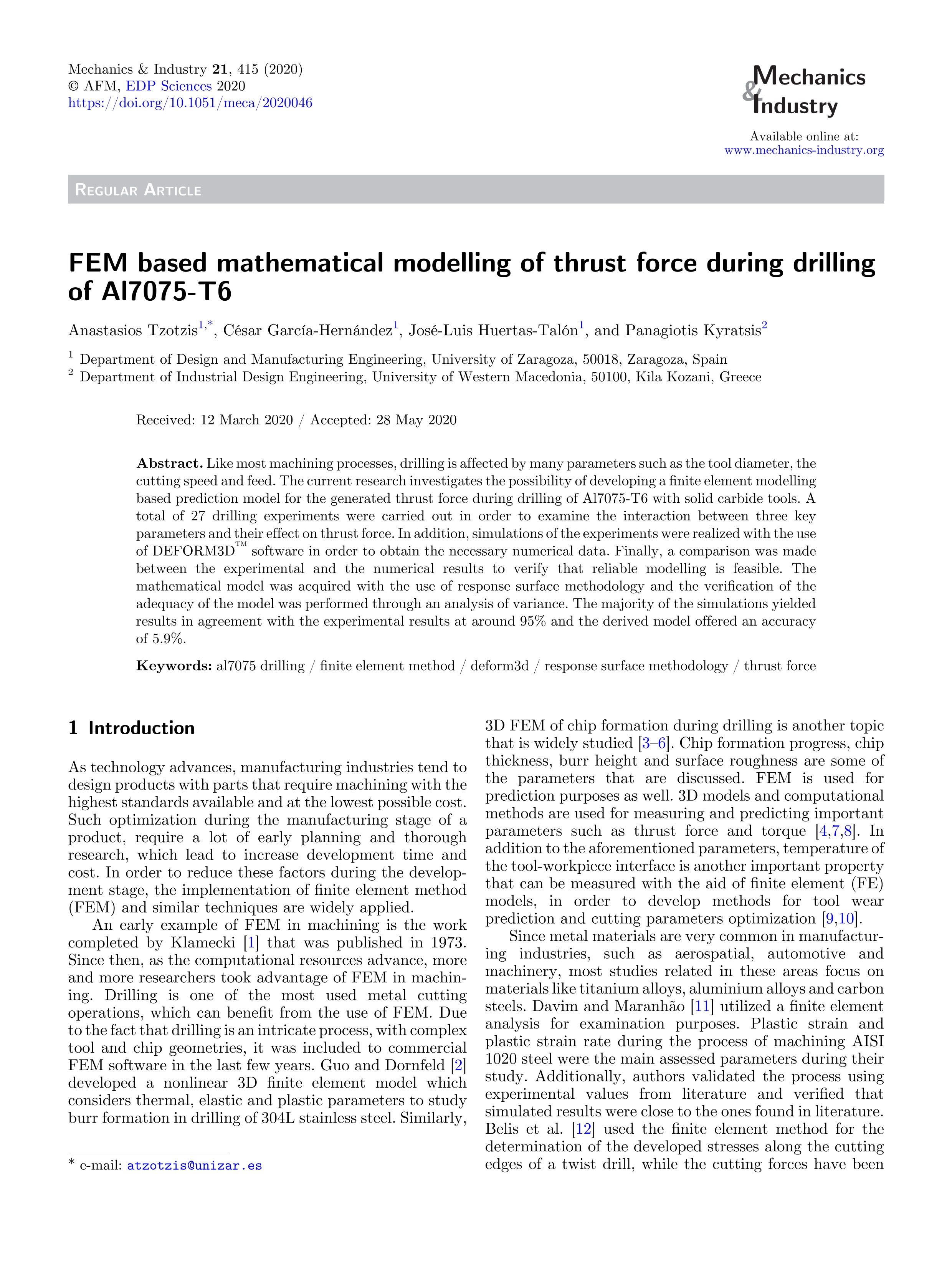 FEM based mathematical modelling of thrust force during drilling of Al7075-T6