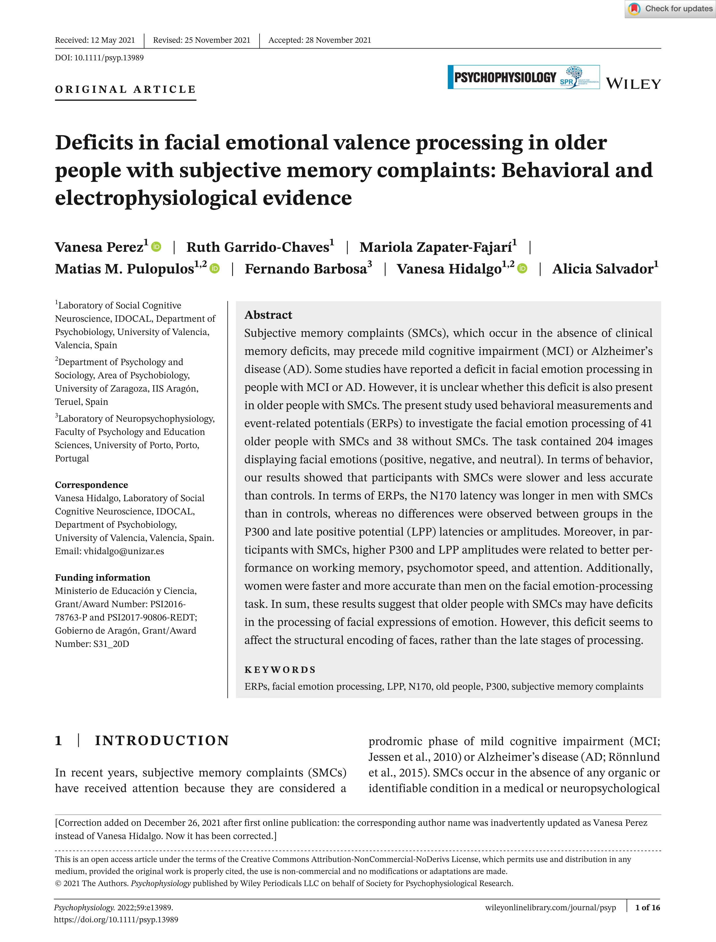 Deficits in facial emotional valence processing in older people with subjective memory complaints: Behavioral and electrophysiological evidence