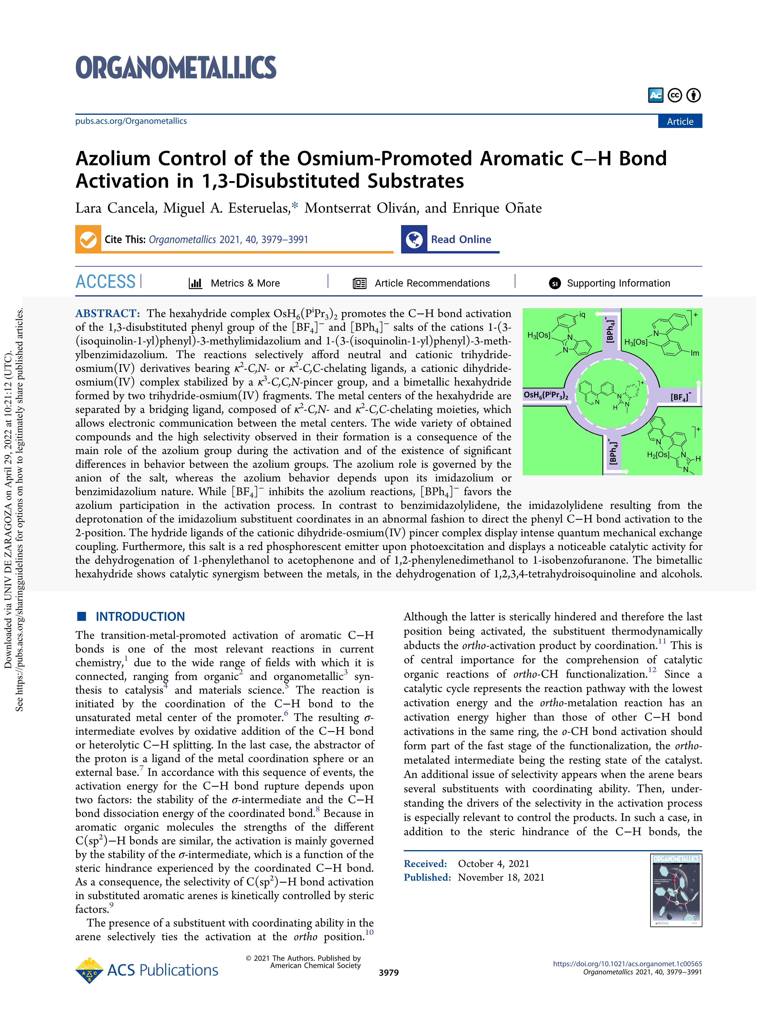 Azolium Control of the Osmium-Promoted Aromatic C-H Bond Activation in 1, 3-Disubstituted Substrates