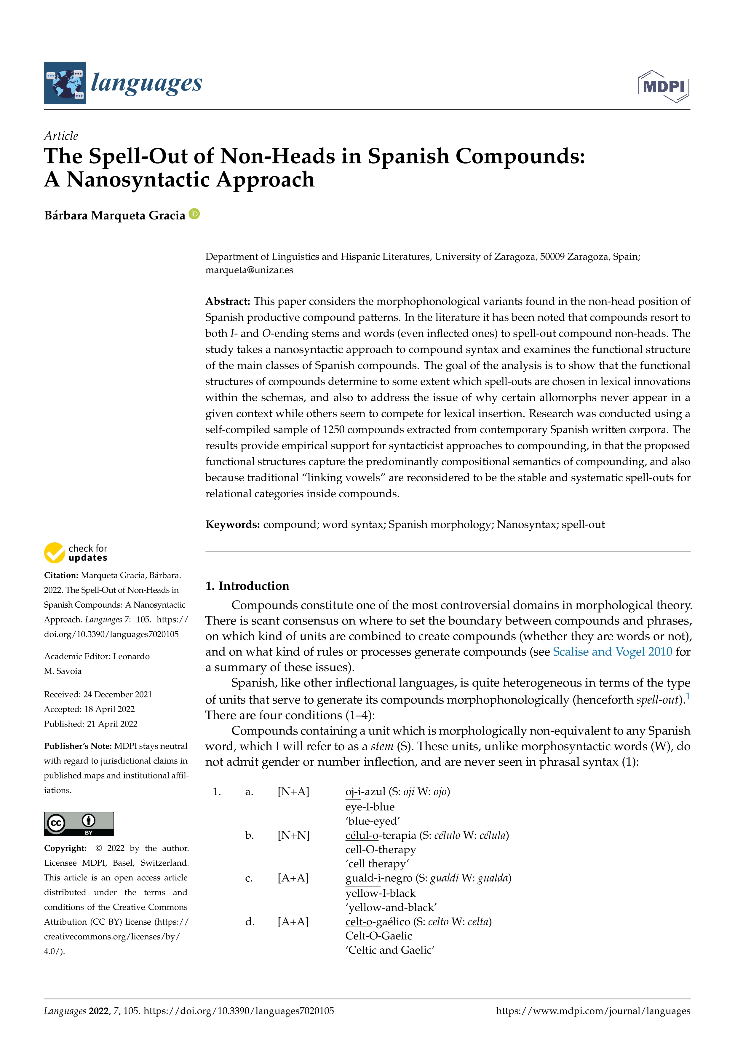 The spell-out of non-heads in spanish compounds: a nanosyntactic Approach