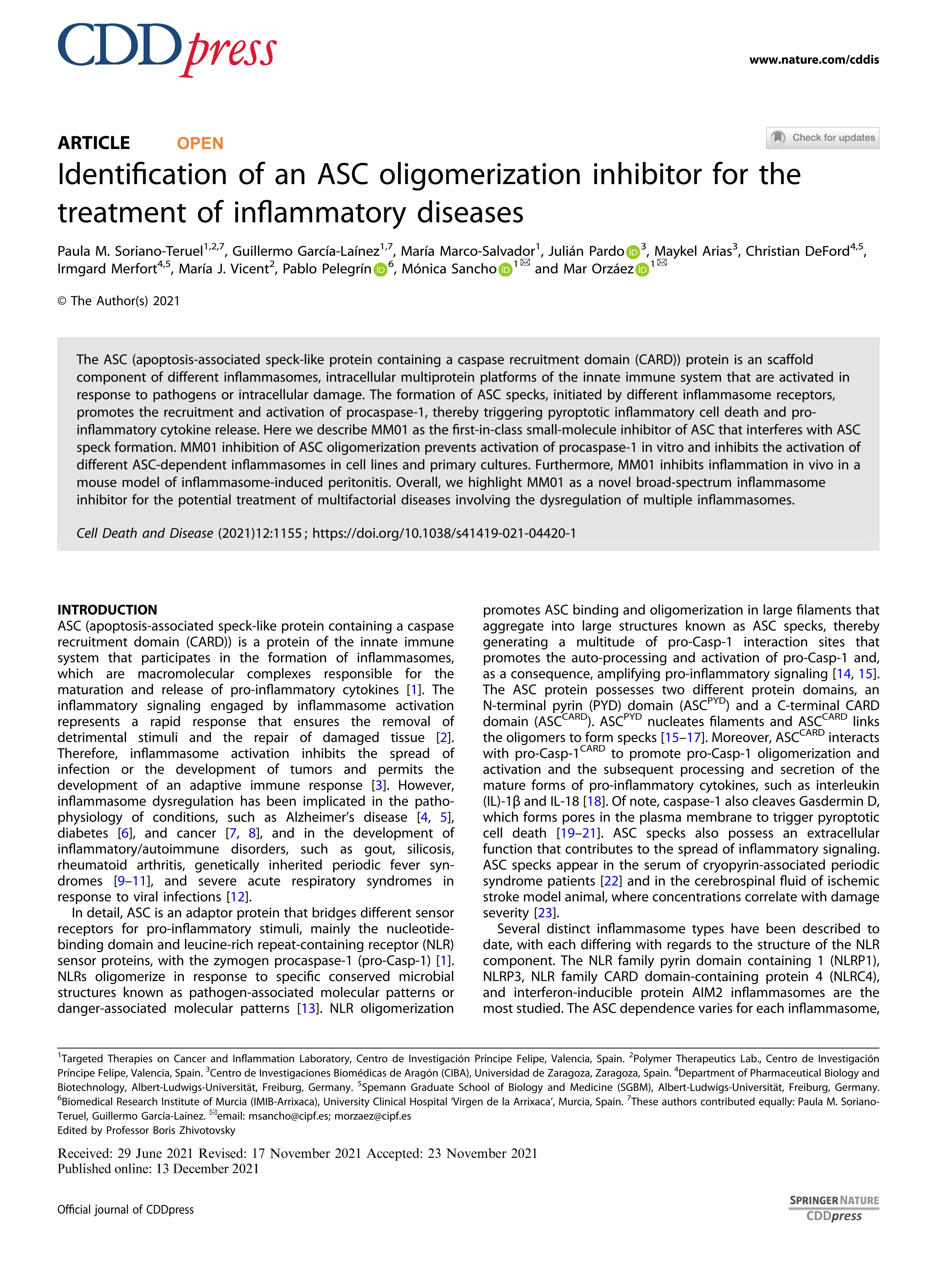 Identification of an ASC oligomerization inhibitor for the treatment of inflammatory diseases