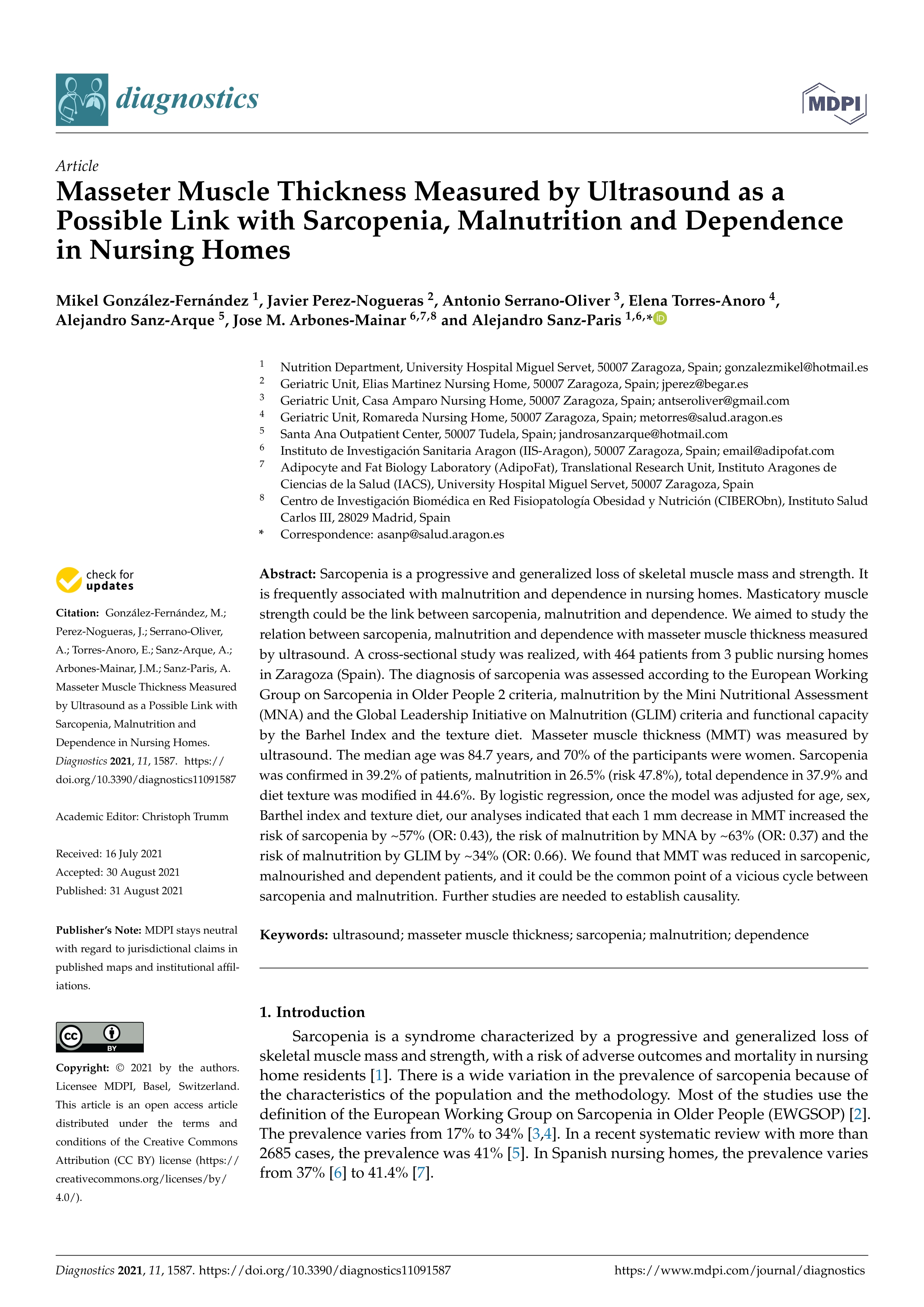 Masseter muscle thickness measured by ultrasound as a possible link with sarcopenia, malnutrition and dependence in nursing homes