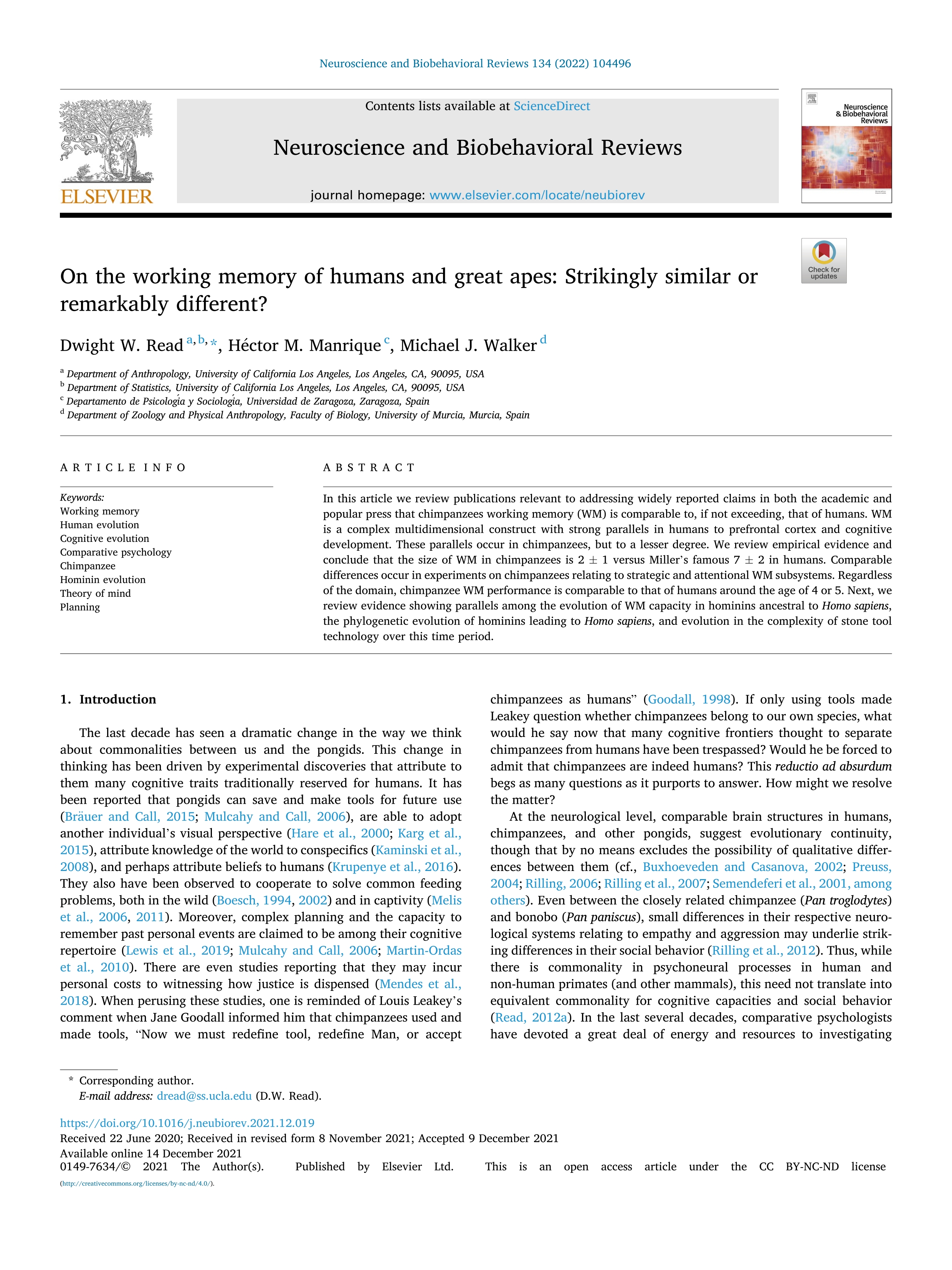 On the working memory of humans and great apes: Strikingly similar or remarkably different?