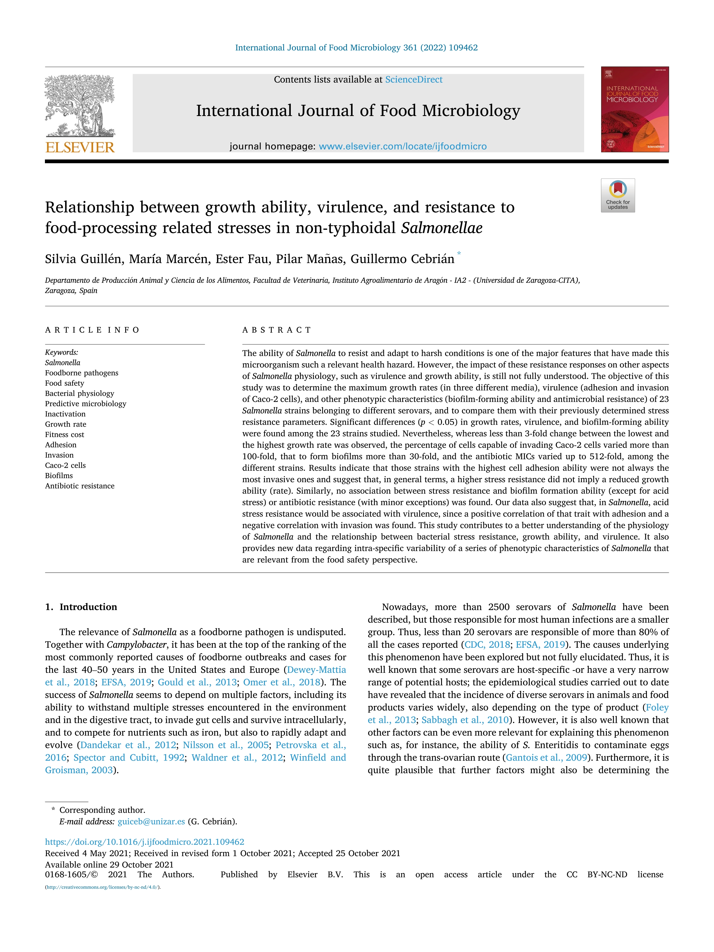 Relationship between growth ability, virulence, and resistance to food-processing related stresses in non-typhoidal Salmonellae