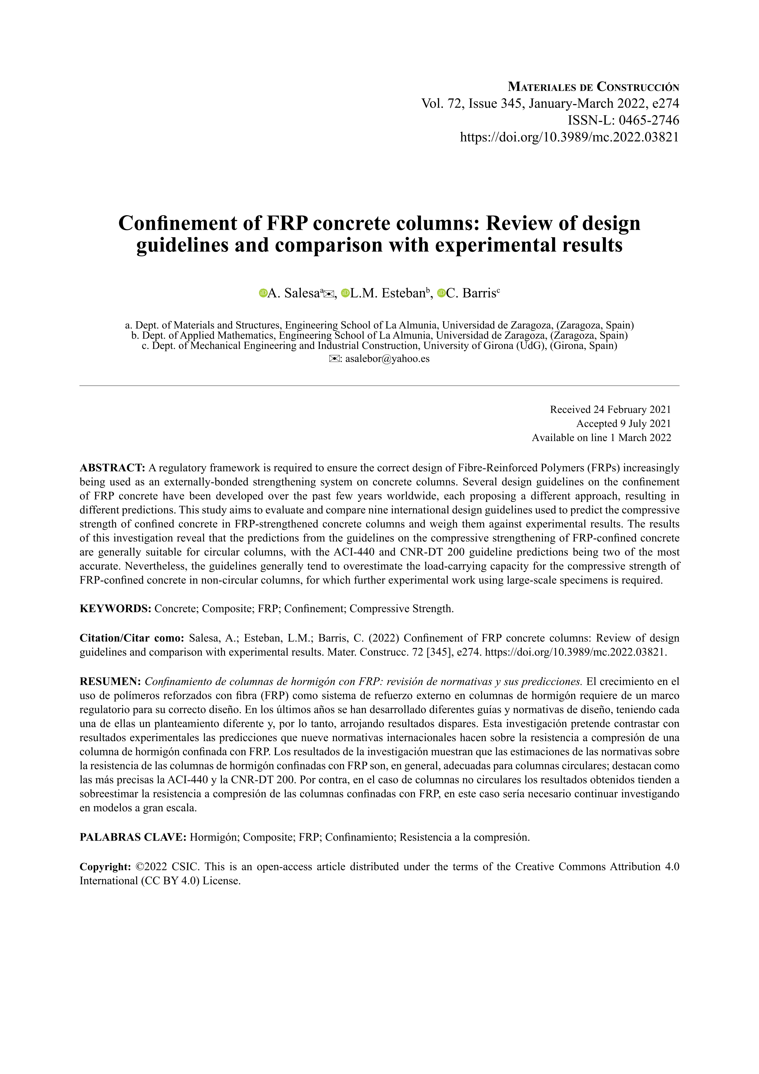 Confinement of FRP concrete columns: Review of design guidelines and comparison with experimental results