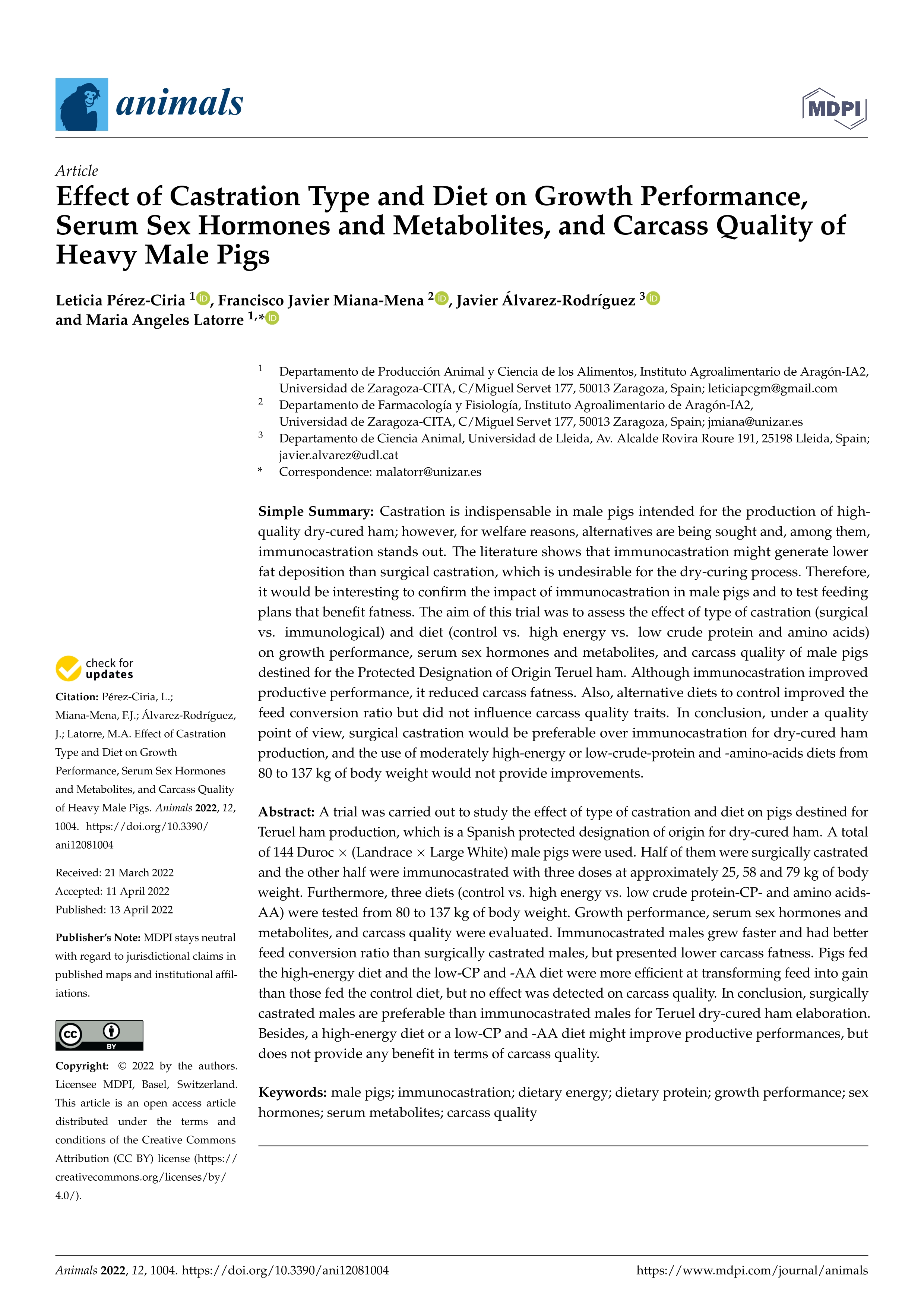 Effect of Castration Type and Diet on Growth Performance, Serum Sex Hormones and Metabolites, and Carcass Quality of Heavy Male Pigs