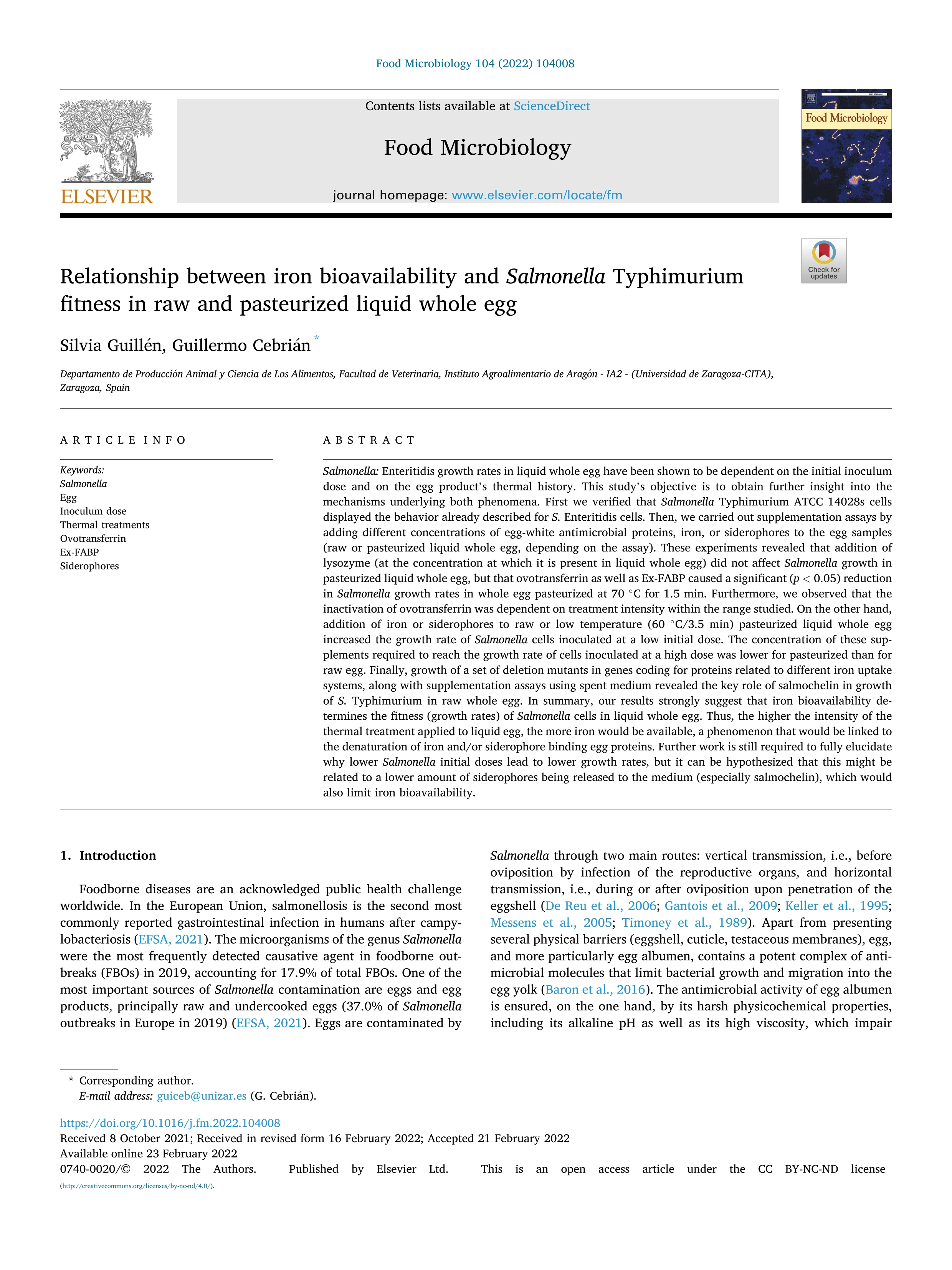 Relationship between iron bioavailability and Salmonella Typhimurium fitness in raw and pasteurized liquid whole egg