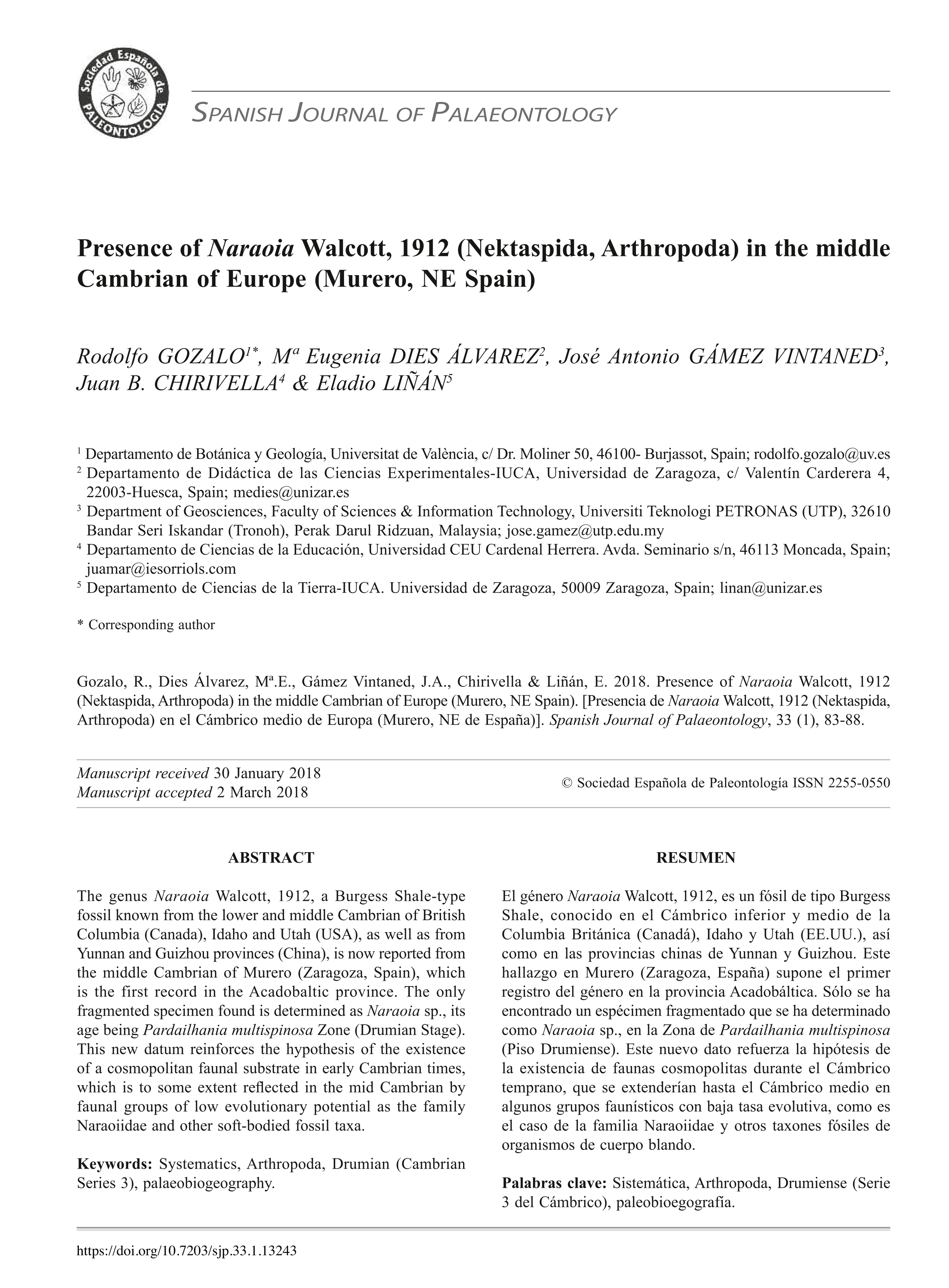 Presence of Naraoia Walcott, 1912 (Nektaspida, Arthropoda) in the middle Cambrian of Europe (Murero, NE Spain)