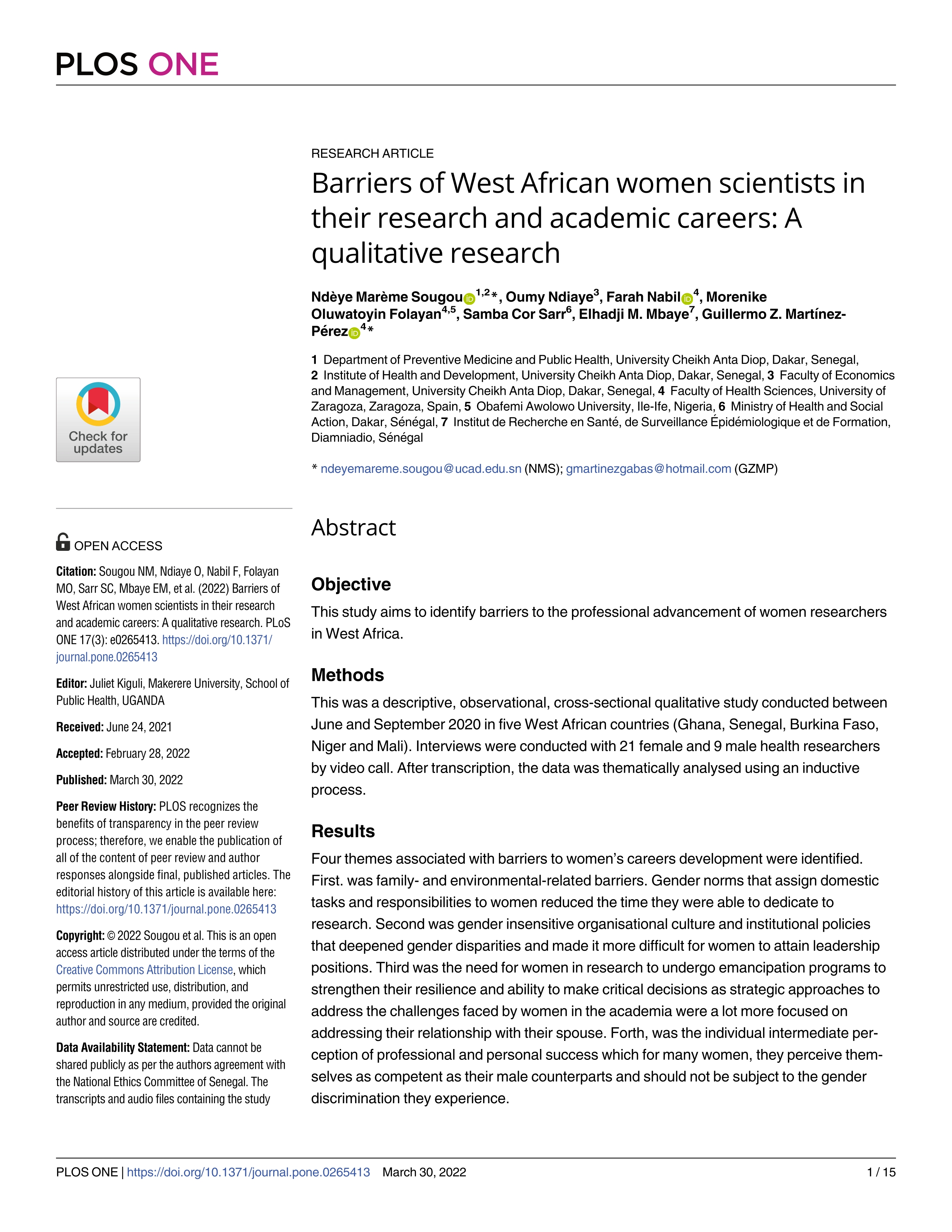 Barriers of West African women scientists in their research and academic careers: A qualitative research