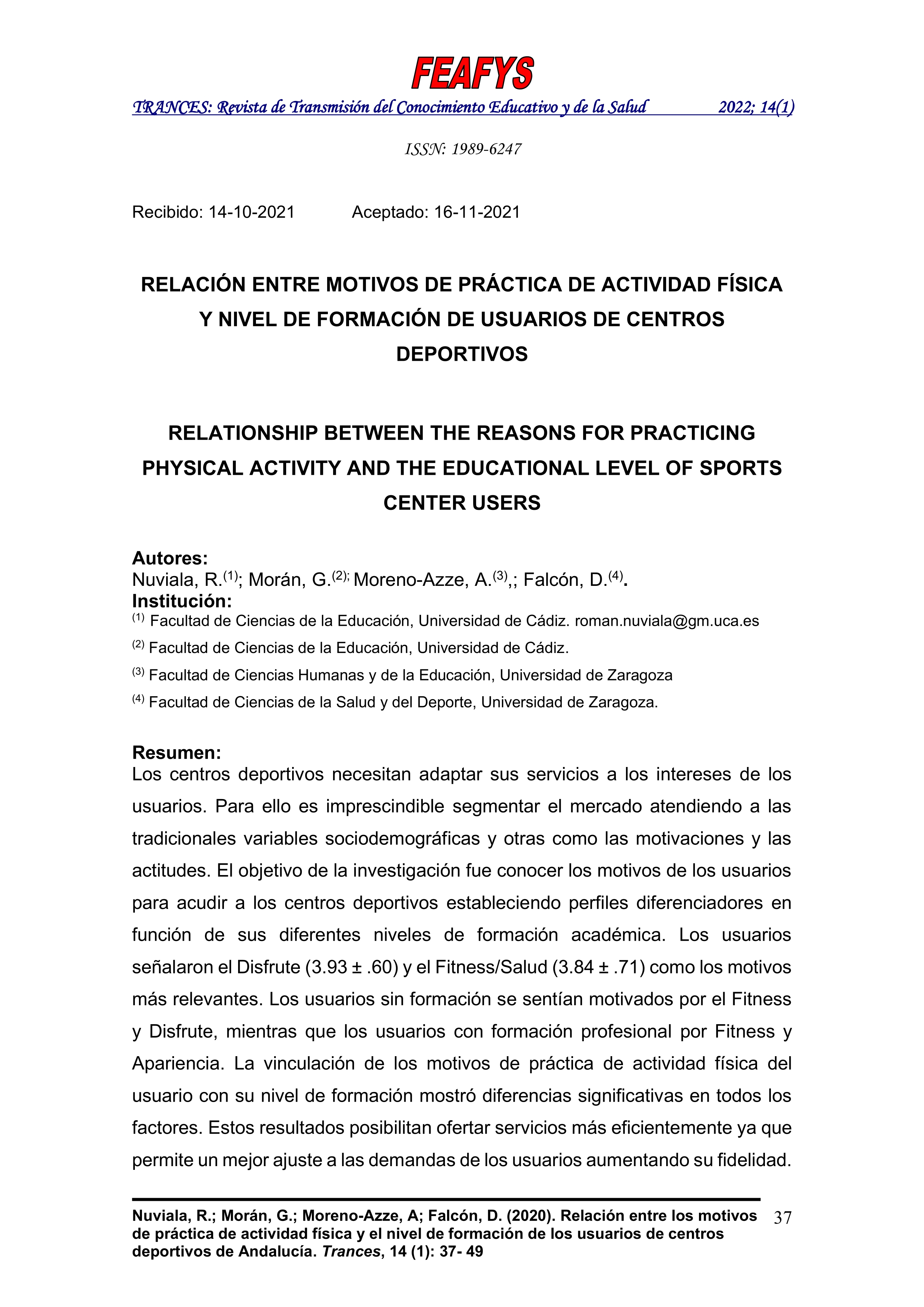 Relación entre motivos de práctica de actividad física y nivel de formación de usuarios de centros deportivos