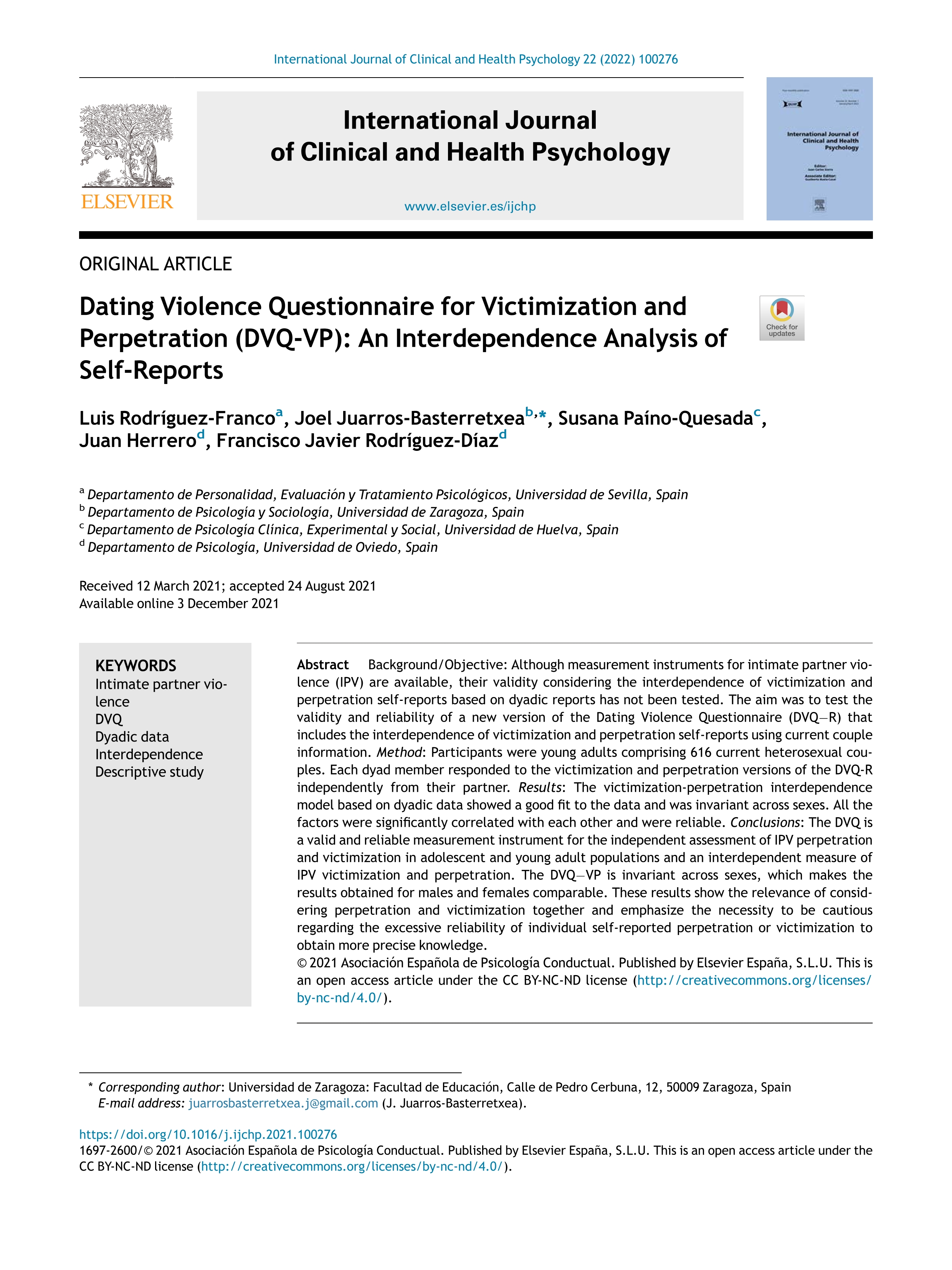 Dating Violence Questionnaire for Victimization and Perpetration (DVQ-VP): An interdependence analysis of self-reports