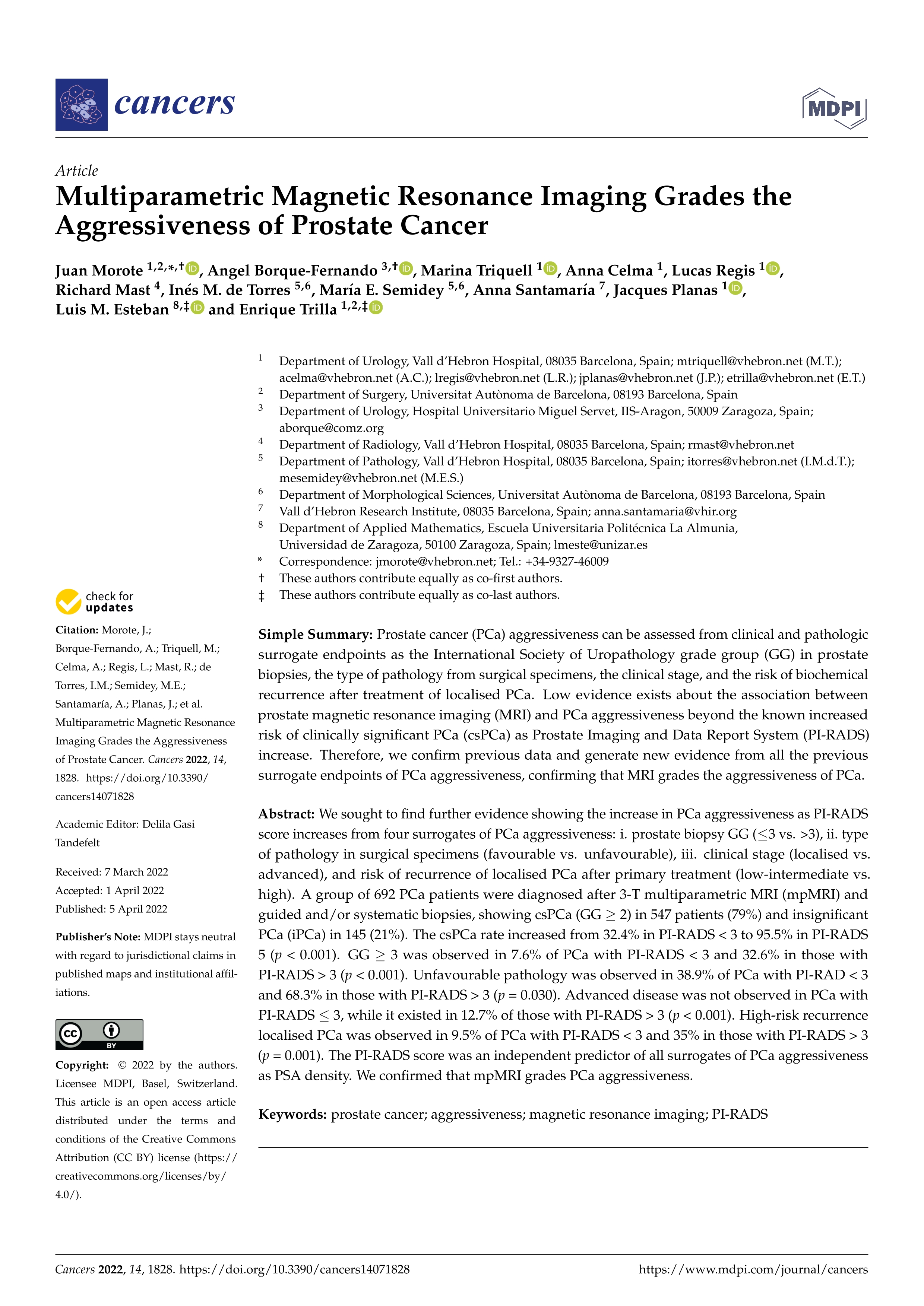 Multiparametric Magnetic Resonance Imaging Grades the Aggressiveness of Prostate Cancer