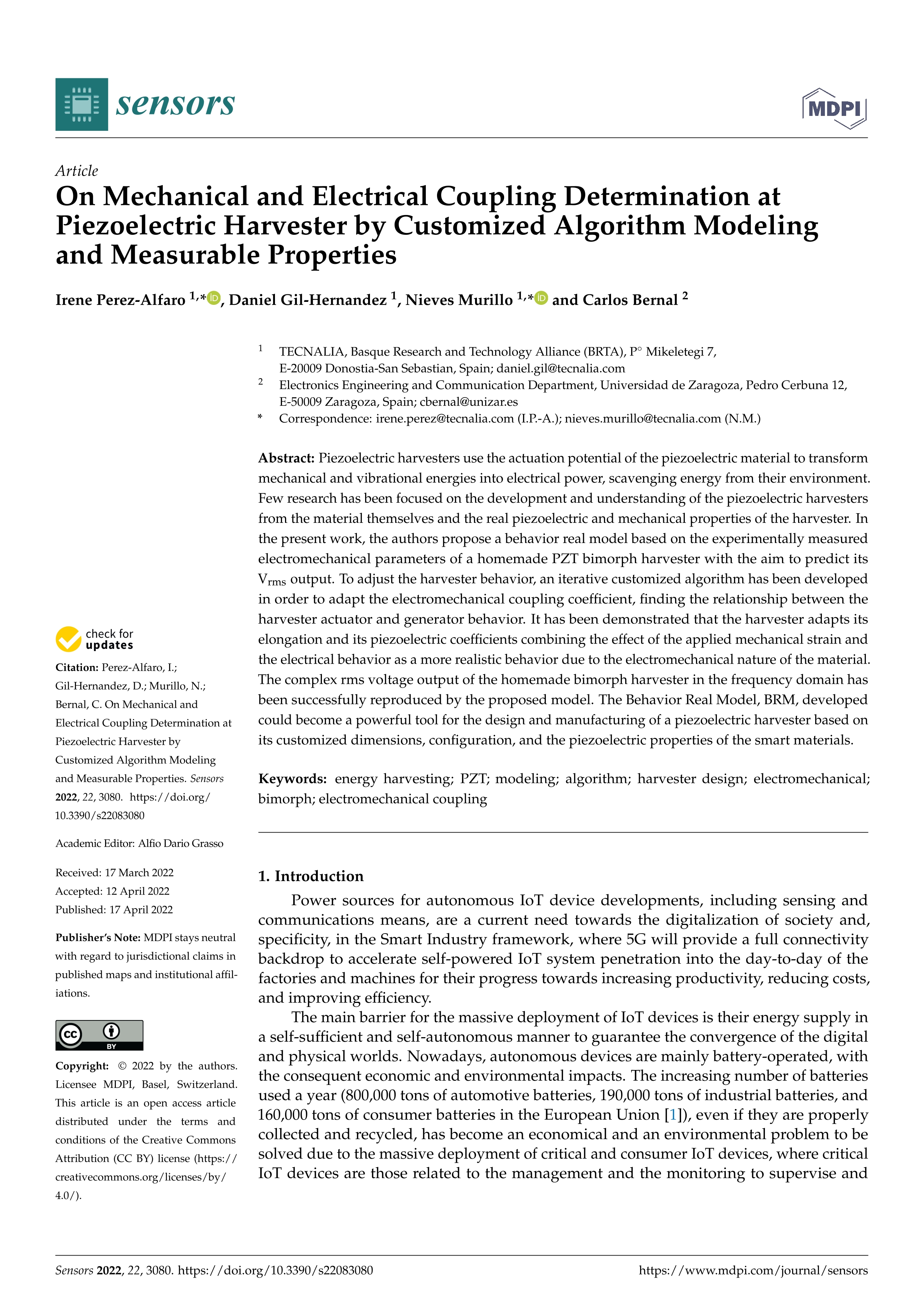 On Mechanical and Electrical Coupling Determination at Piezoelectric Harvester by Customized Algorithm Modeling and Measurable Properties
