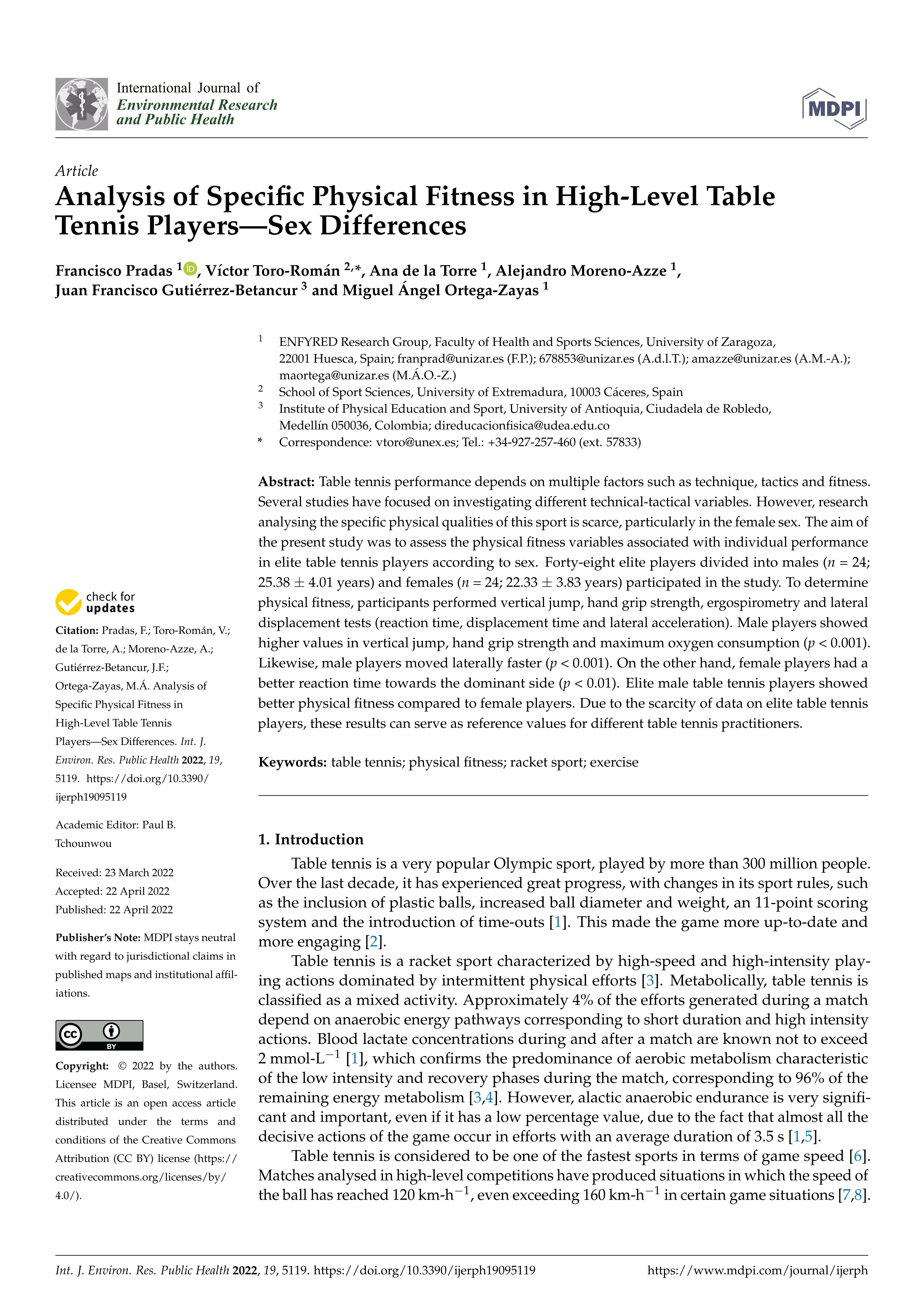 Analysis of specific physical fitness in high-level table tennis players—sex differences