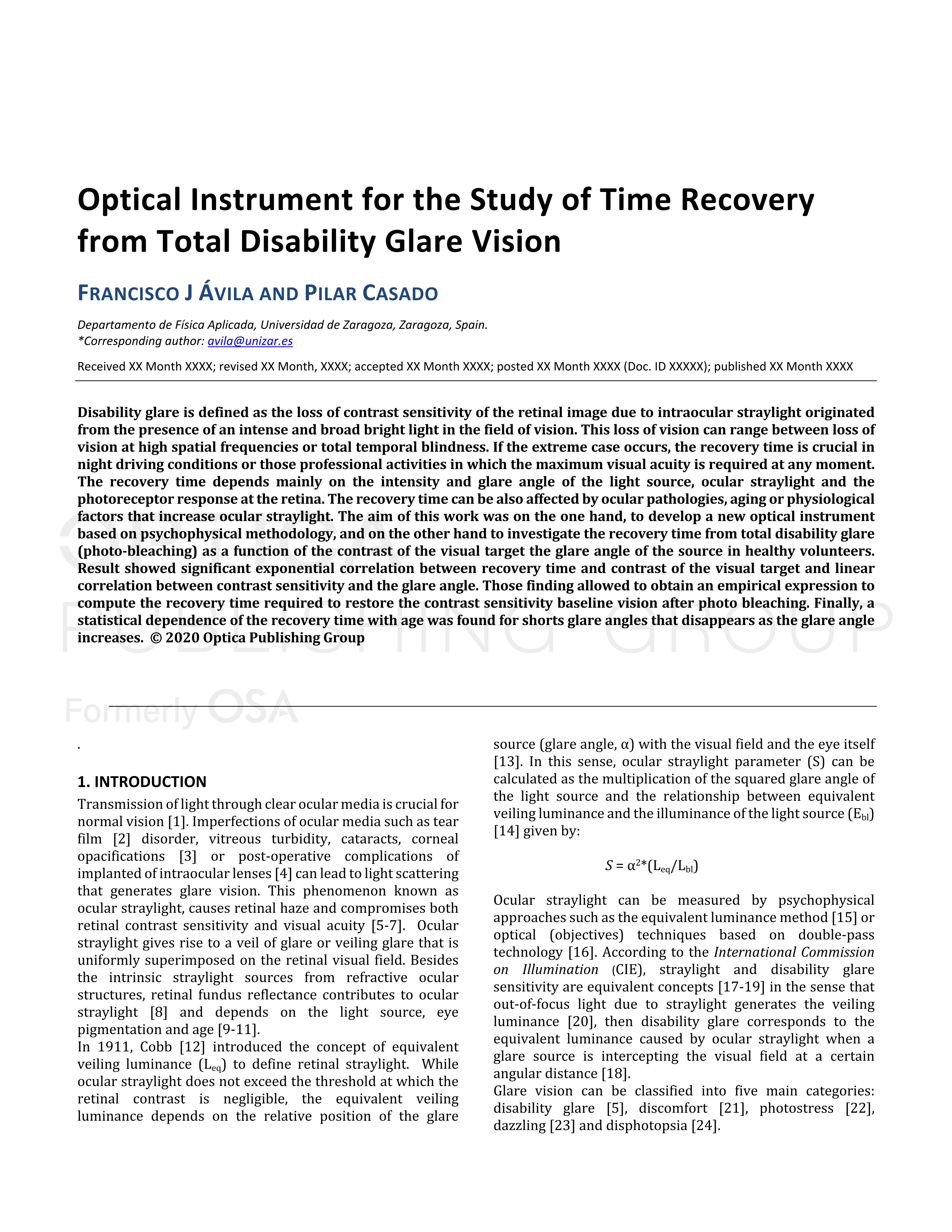 Optical instrument for the study of time recovery from total disability glare vision