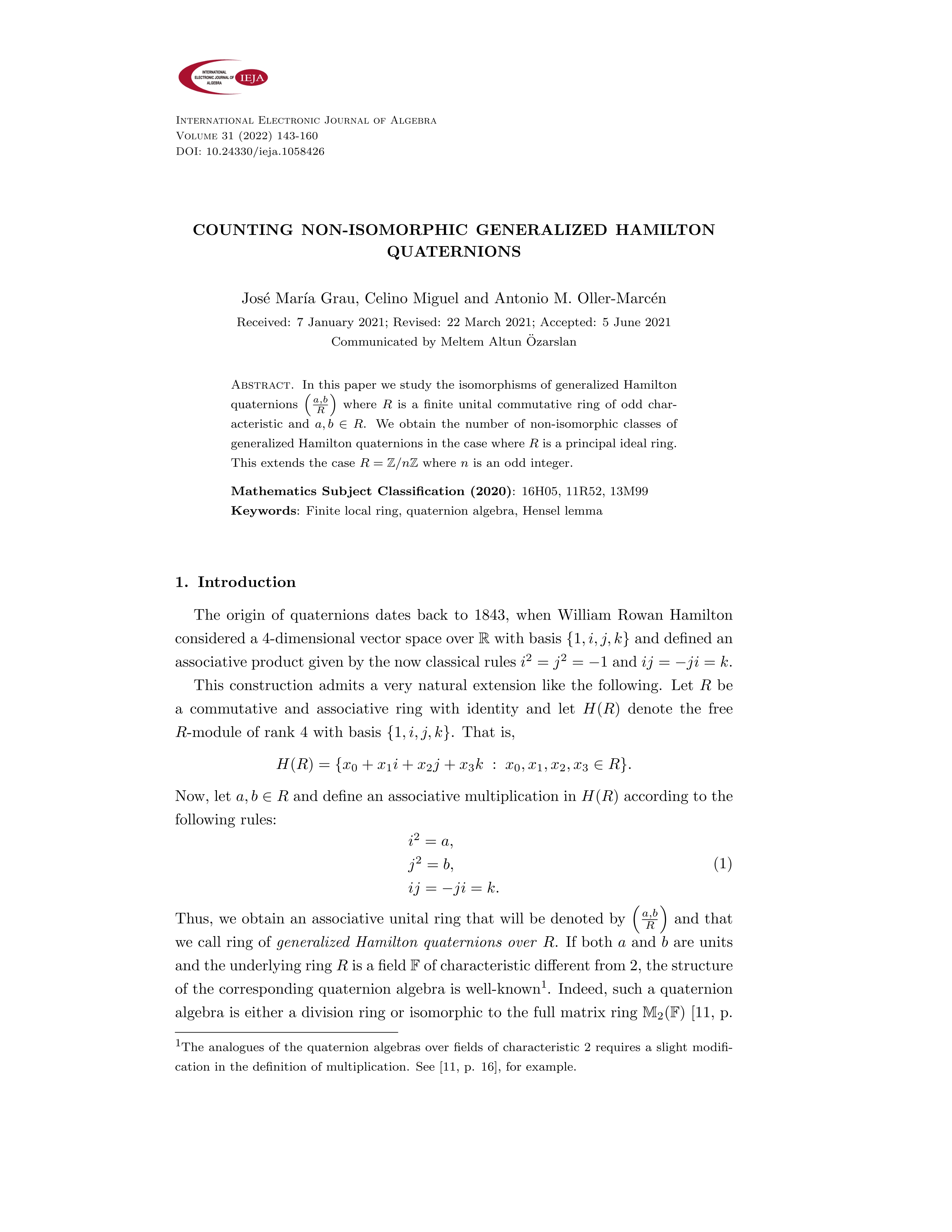 Counting non-isomorphic generalized Hamilton quaternions