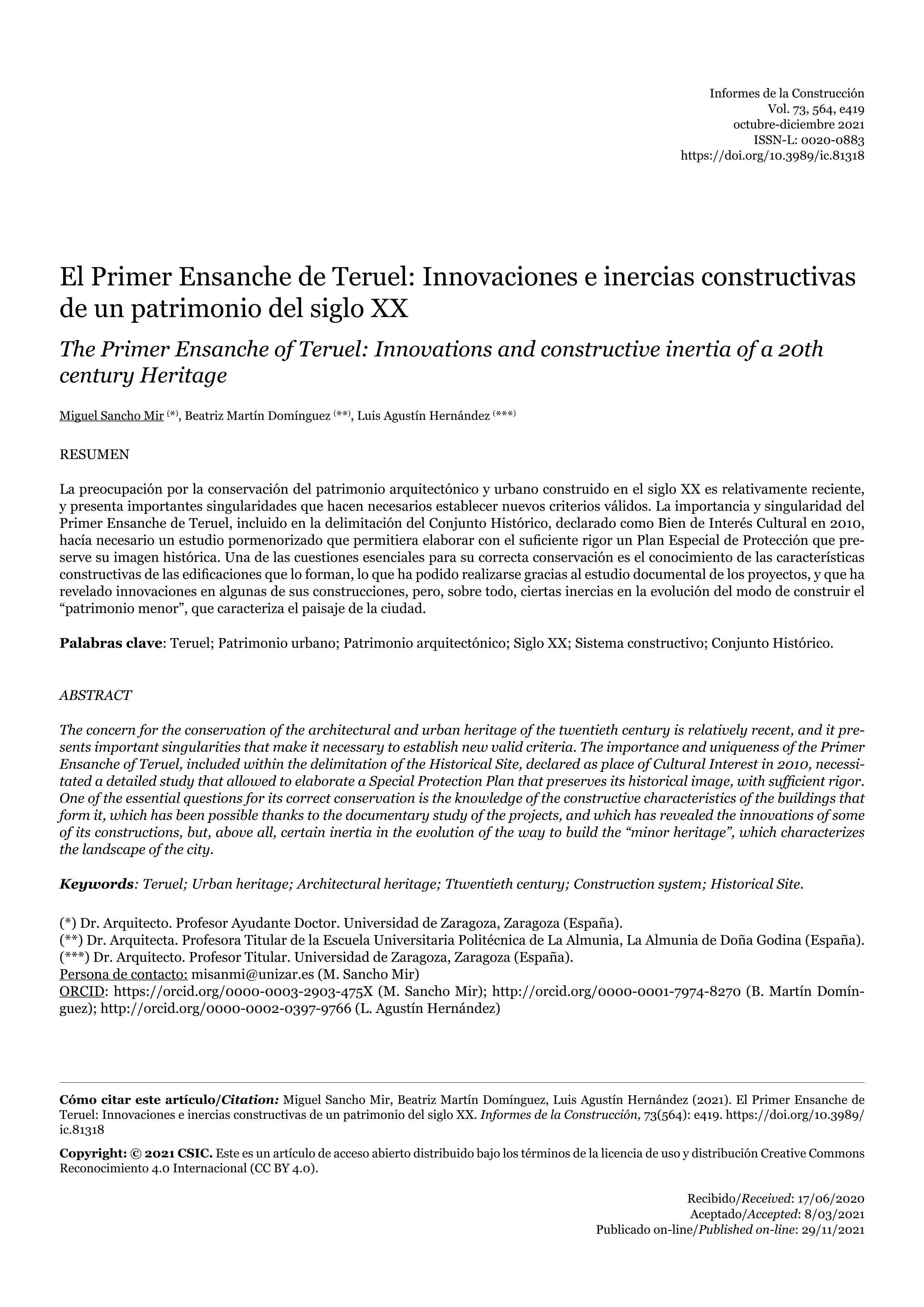 El Primer Ensanche de Teruel: Innovaciones e inercias constructivas de un Patrimonio del siglo XX