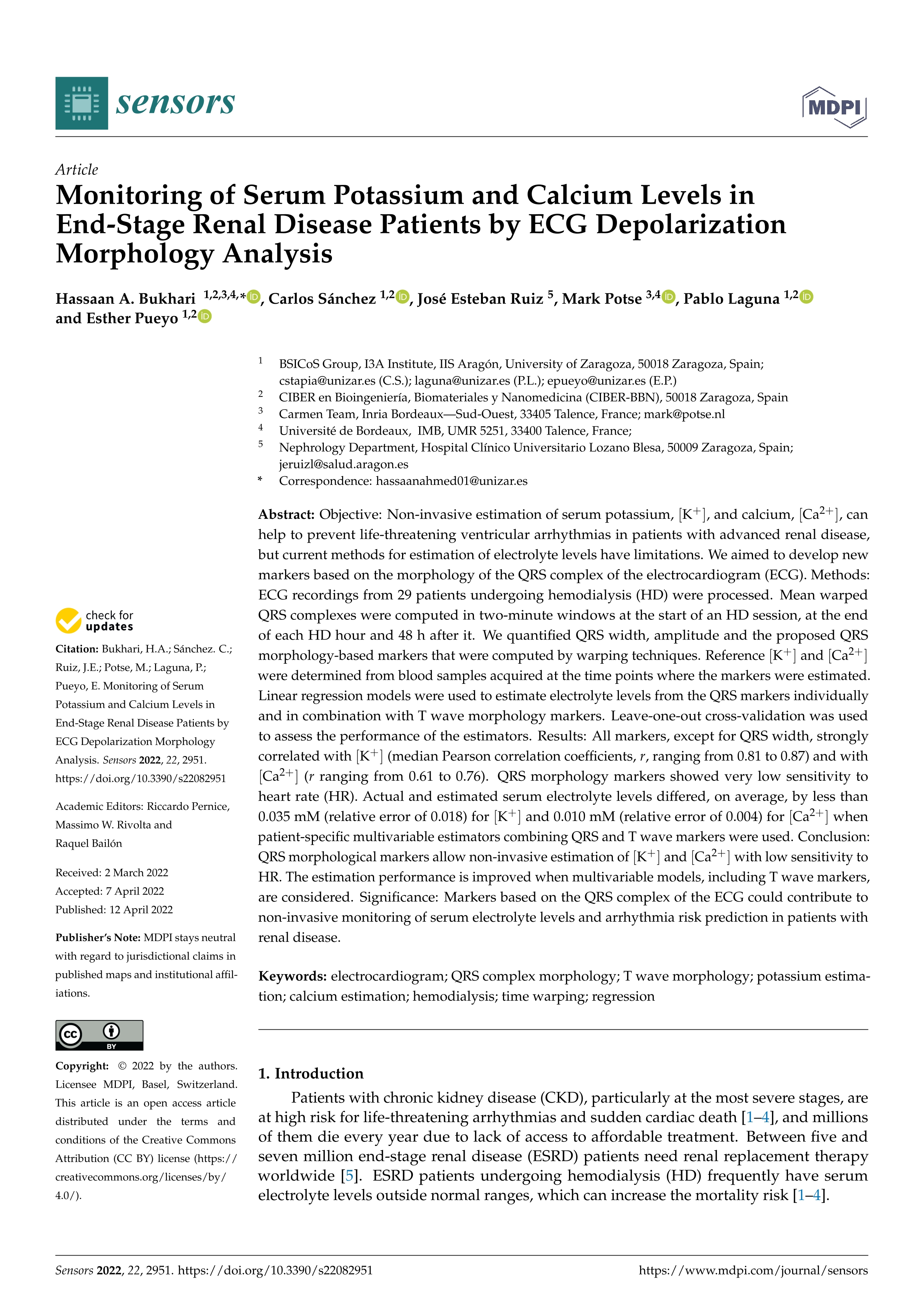 Monitoring of serum potassium and calcium levels in end-stage renal disease patients by ecg depolarization morphology analysis