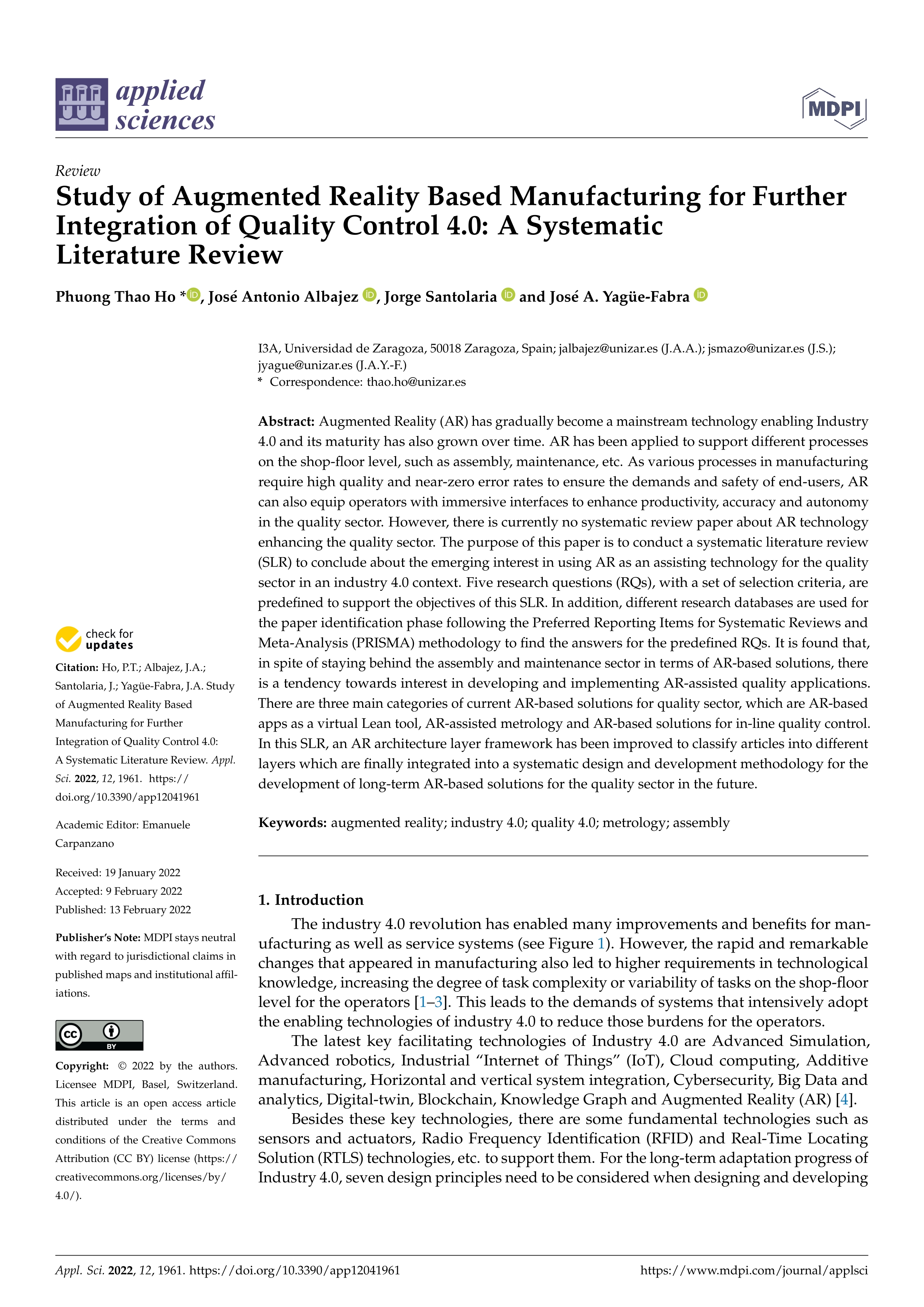 Study of Augmented Reality based manufacturing for further integration of quality control 4.0: a systematic literature review