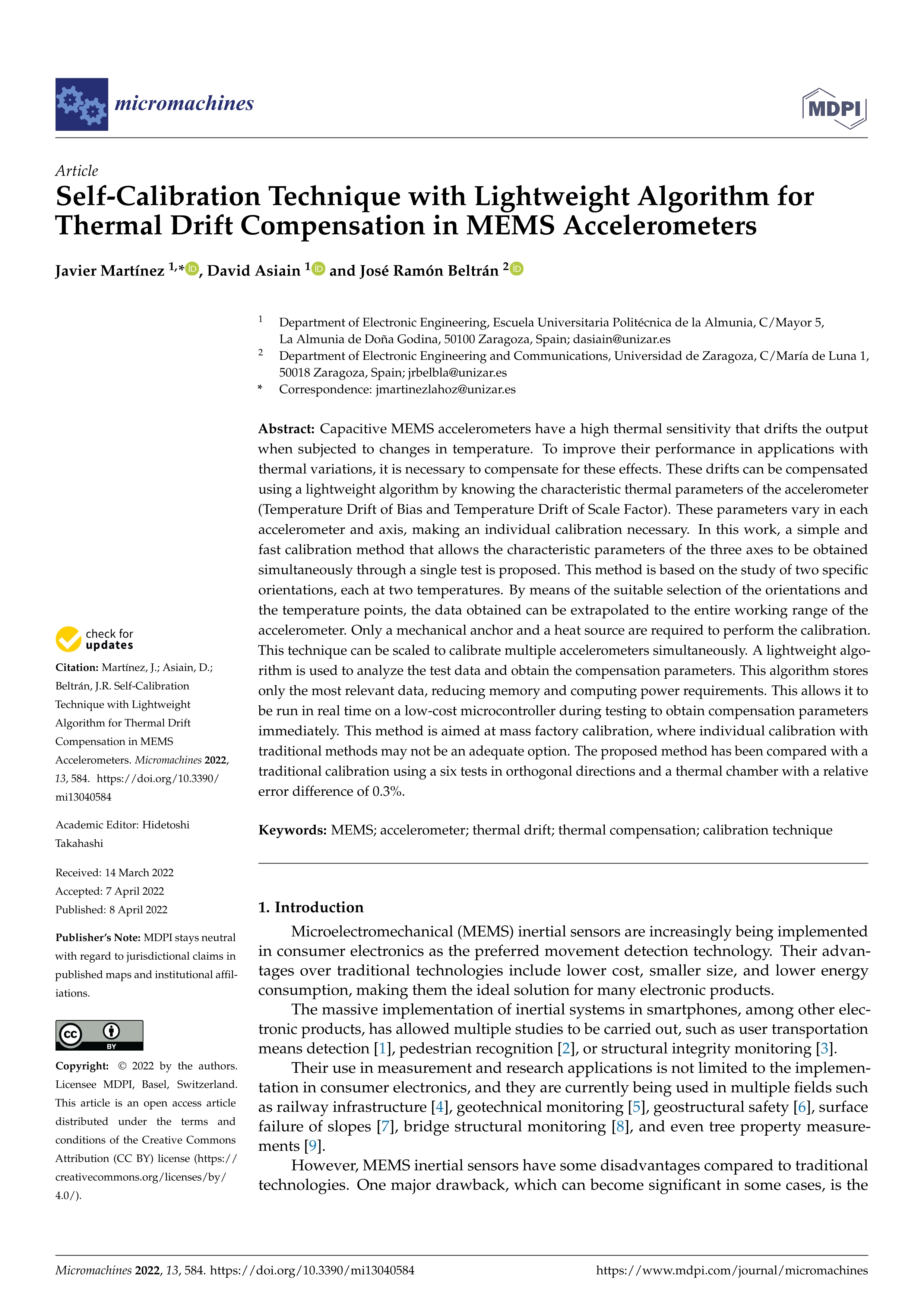 Self-Calibration Technique with Lightweight Algorithm for Thermal Drift Compensation in MEMS Accelerometers