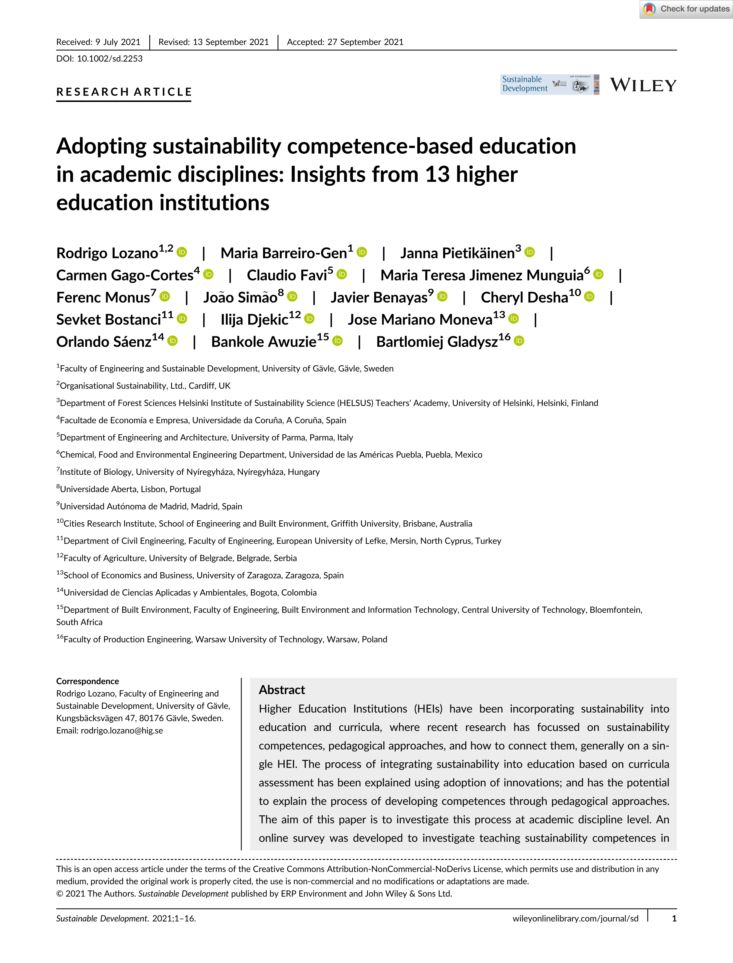 Adopting sustainability competence-based education in academic disciplines: Insights from 13 higher education institutions