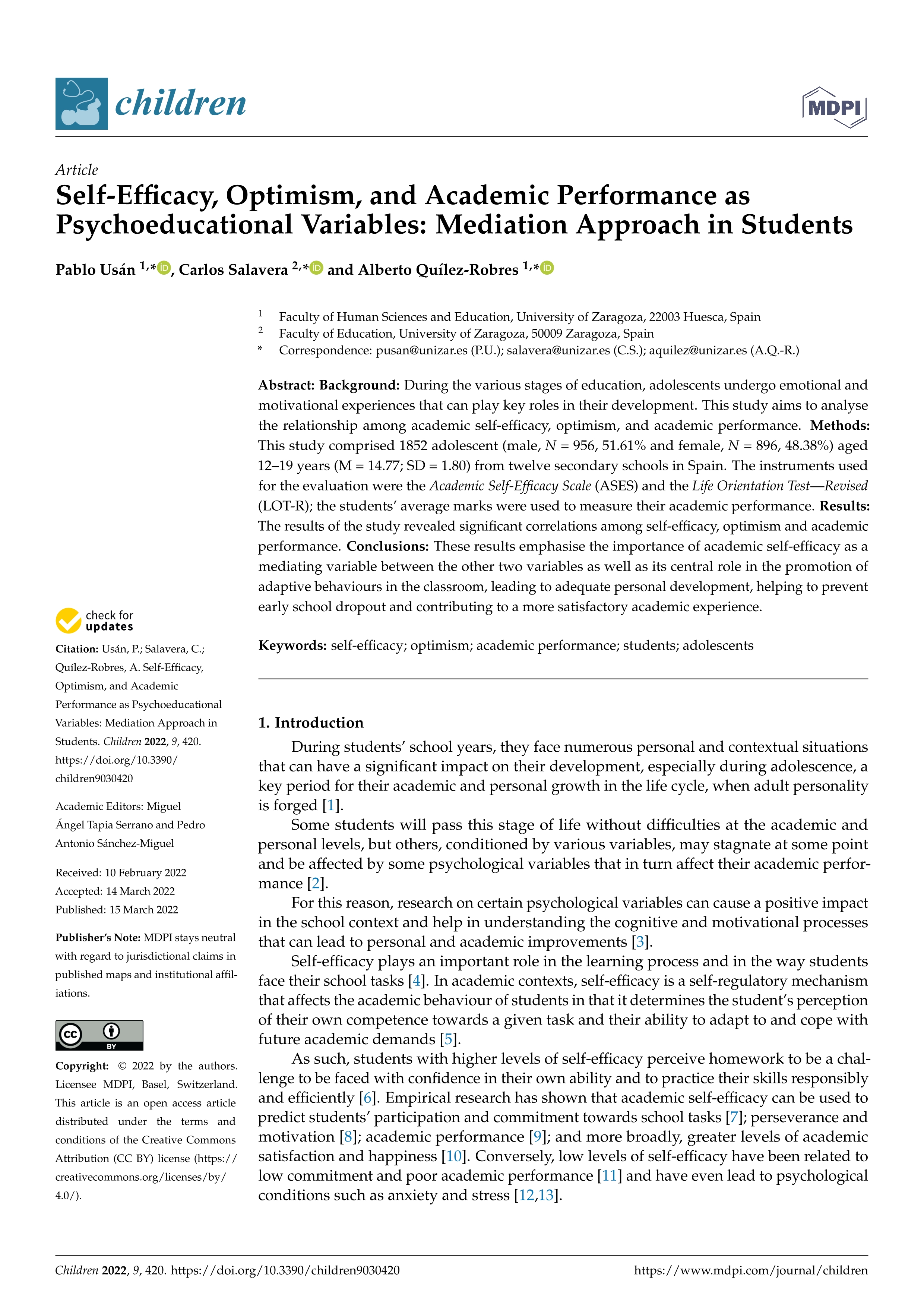 Self-efficacy, optimism, and academic performance as psychoeducational variables: mediation approach in students